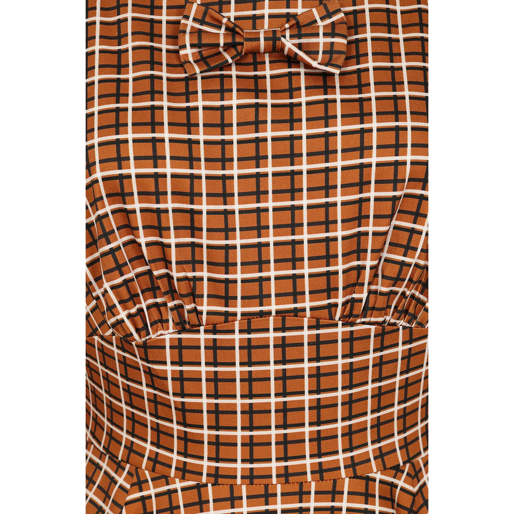 Vintage Autumnal Brown Check 3/4 Sleeve Collar Burns Swing Dress