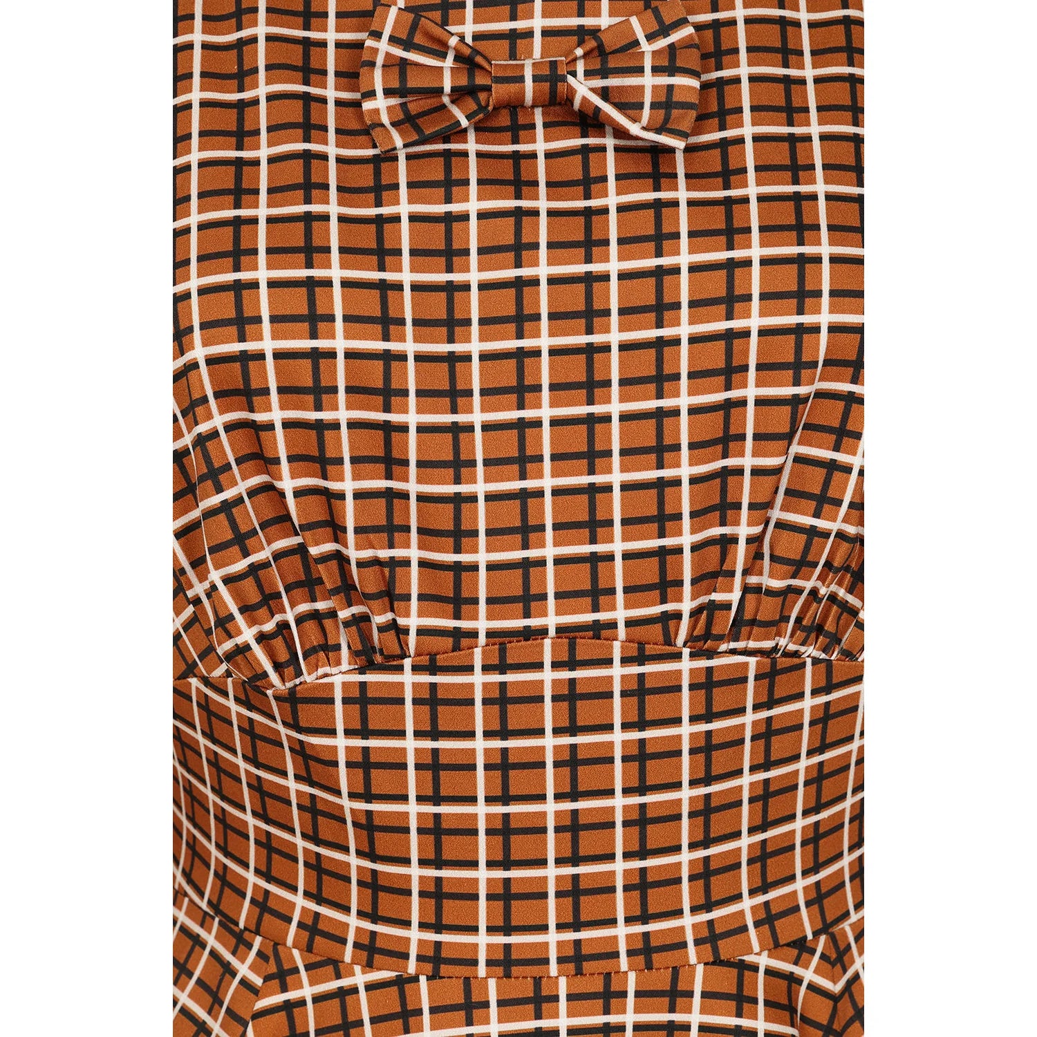 Vintage Autumnal Brown Check 3/4 Sleeve Collar Burns Swing Dress