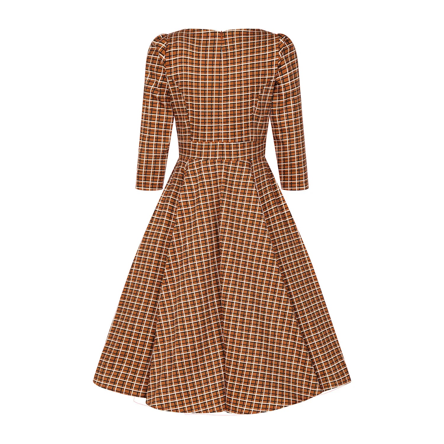 Vintage Autumnal Brown Check 3/4 Sleeve Collar Burns Swing Dress