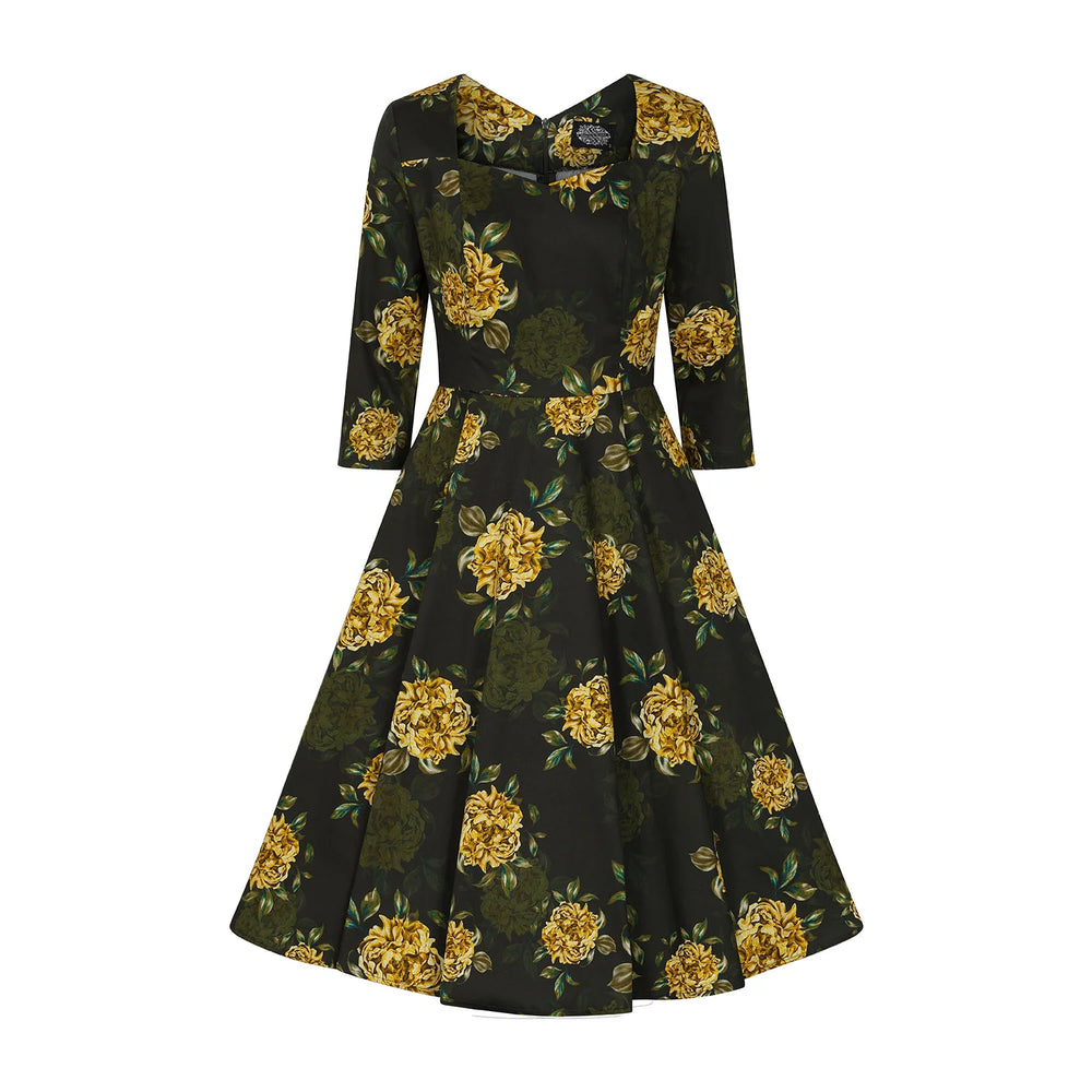 Dark Green Yellow Floral Print 3/4 Sleeve V Neckline 50s Swing Dress With Pockets