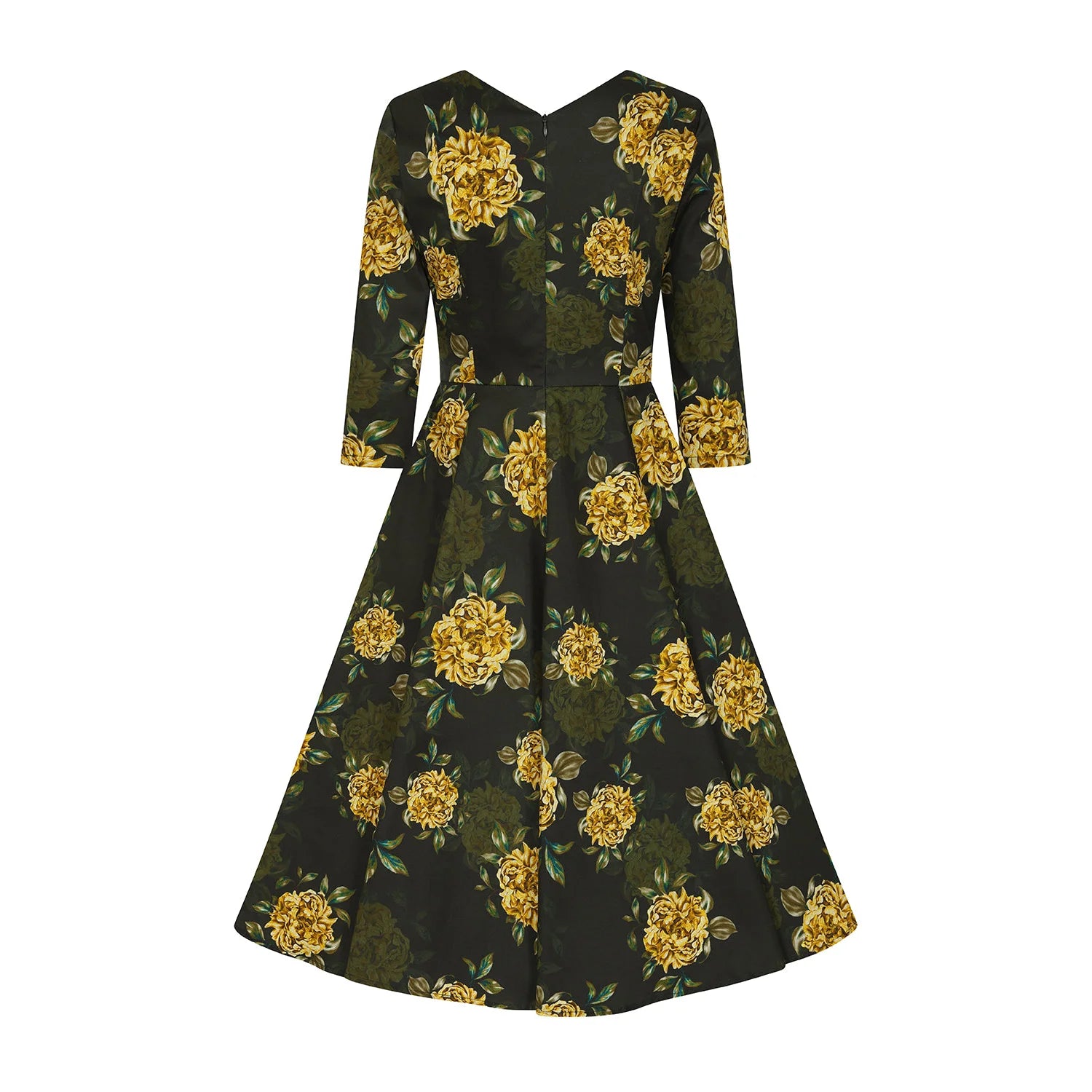 Dark Green Yellow Floral Print 3/4 Sleeve V Neckline 50s Swing Dress With Pockets