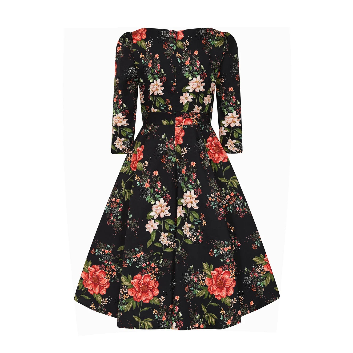 Winter Red Black Floral Print 3/4 Sleeve Sweetheart Neckline 50s Swing Dress With Pockets