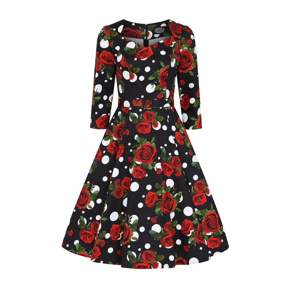 Black White Polka Dot Red Rose Floral Print 3/4 Sleeve 50s Swing Dress With Pockets