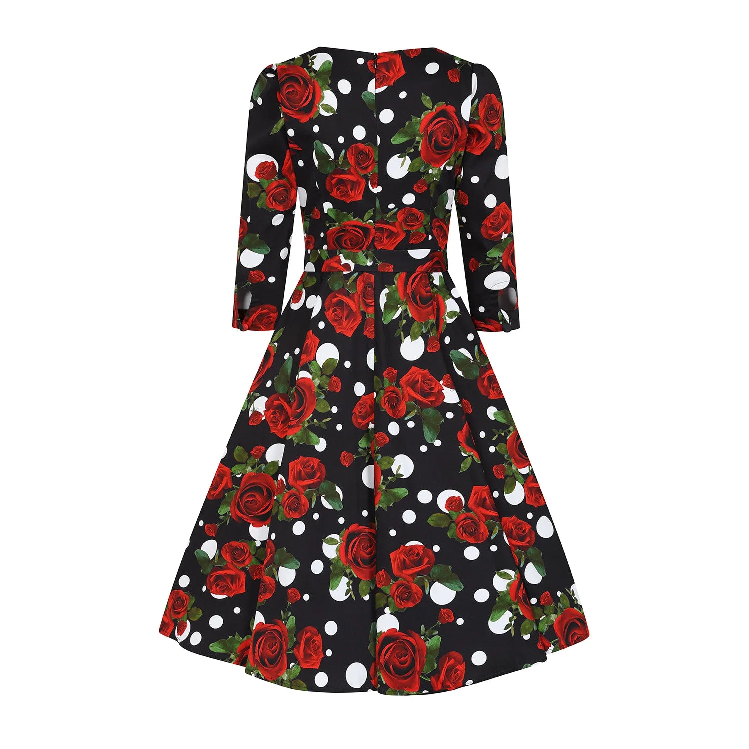 Black White Polka Dot Red Rose Floral Print 3/4 Sleeve 50s Swing Dress With Pockets