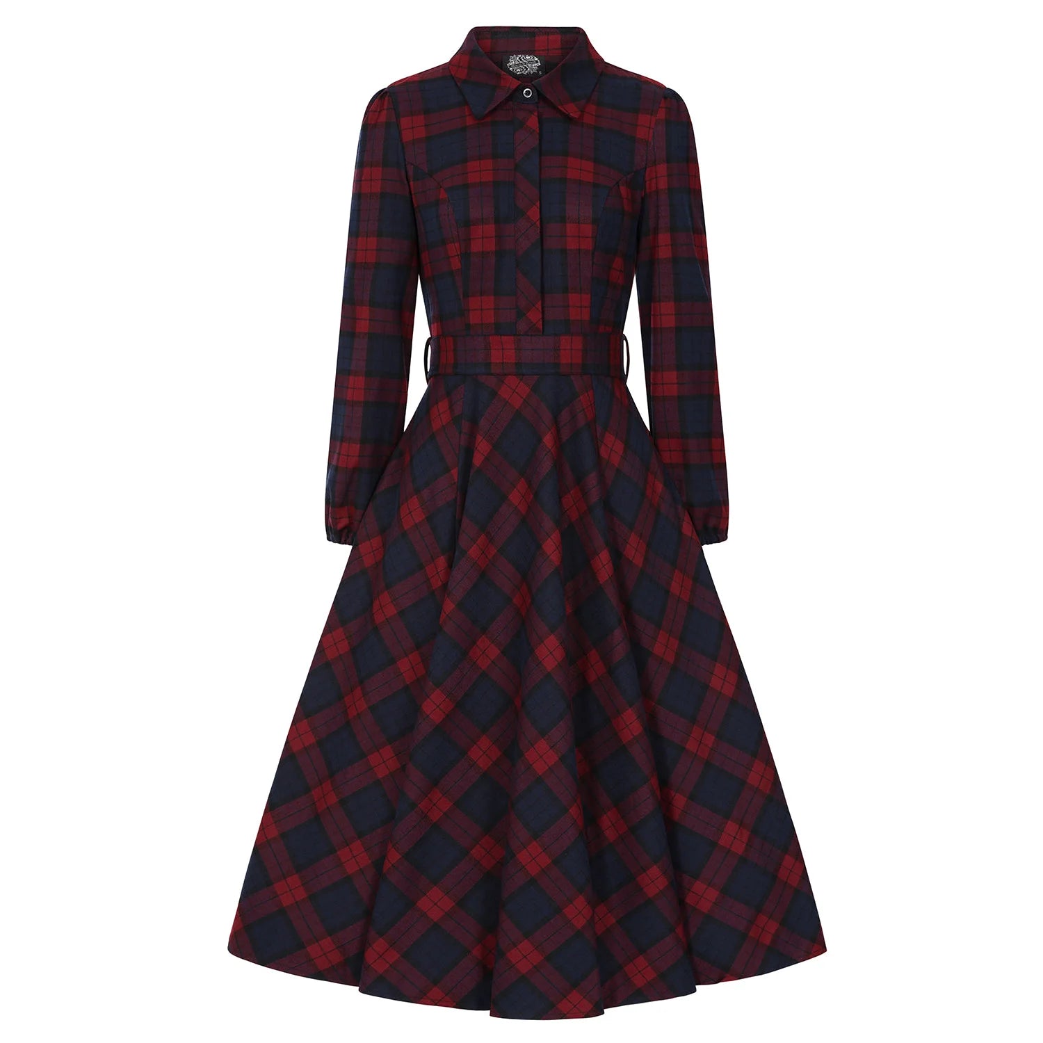 Vintage Red Blue Check Long Sleeve Collar Burns Swing Dress