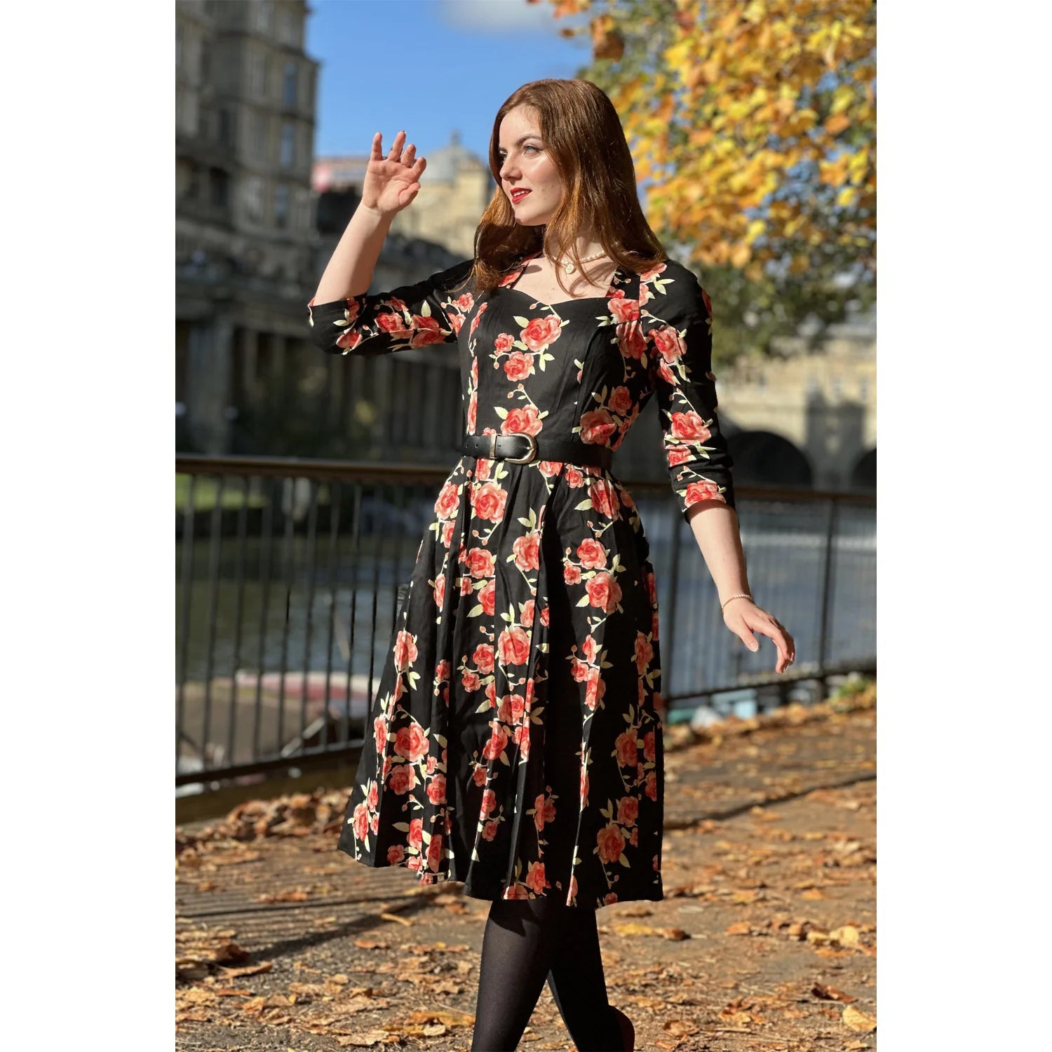 Black Burnt Orange Floral Print 3/4 Sleeve V Neckline 50s Swing Dress With Pockets