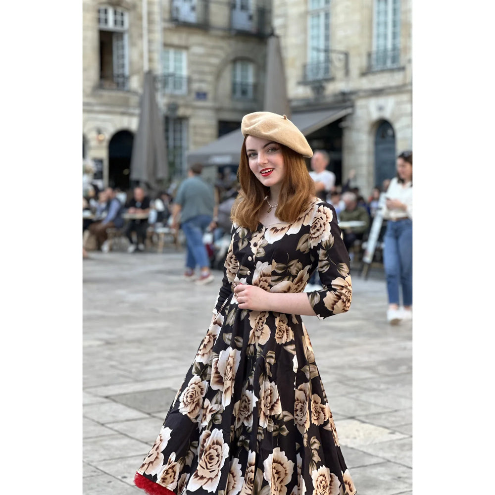 Black With Beige Floral Print 3/4 Sleeve V Neckline 50s Swing Dress With Pockets