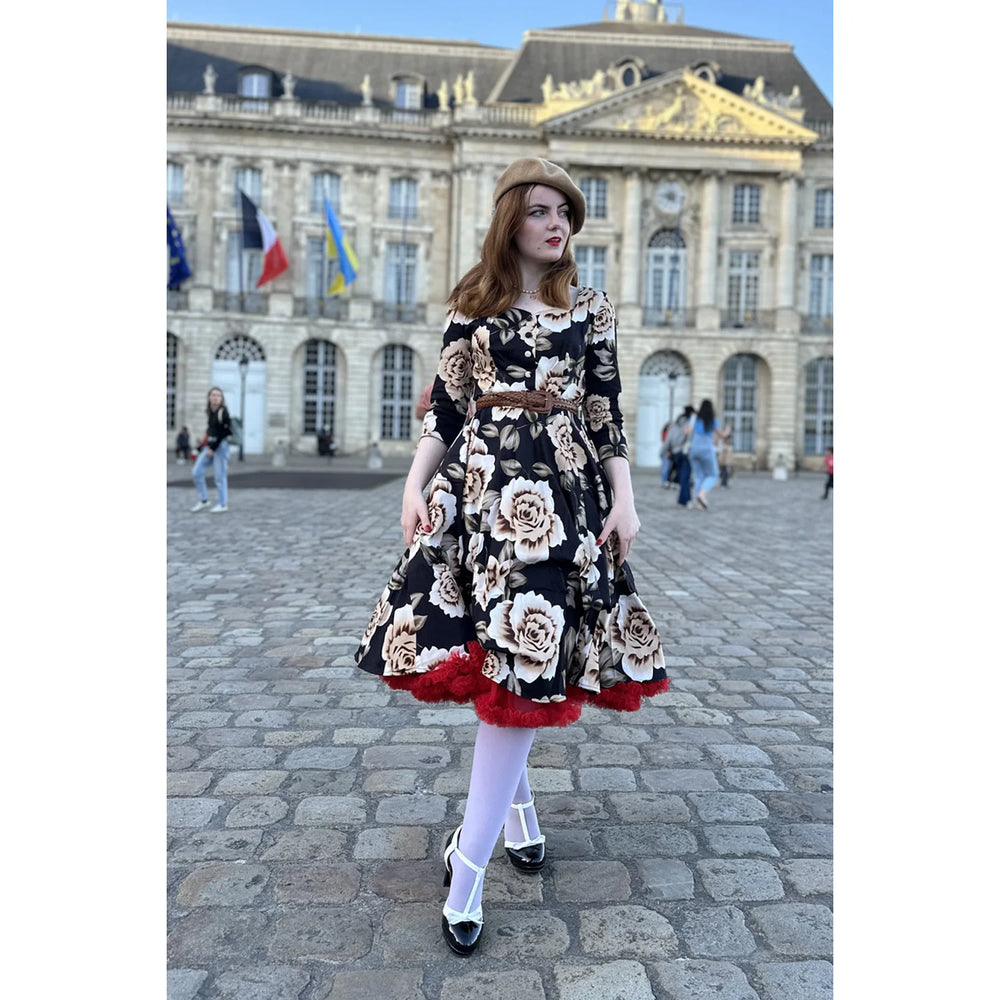 Black With Beige Floral Print 3/4 Sleeve V Neckline 50s Swing Dress With Pockets