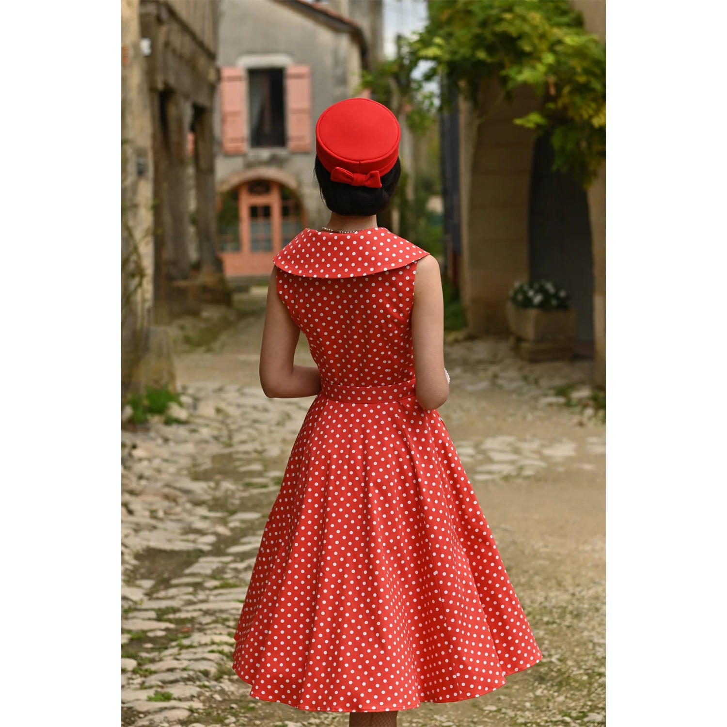 Red Polka Dot Print Sleeveless Collared 50s Swing Tea Dress