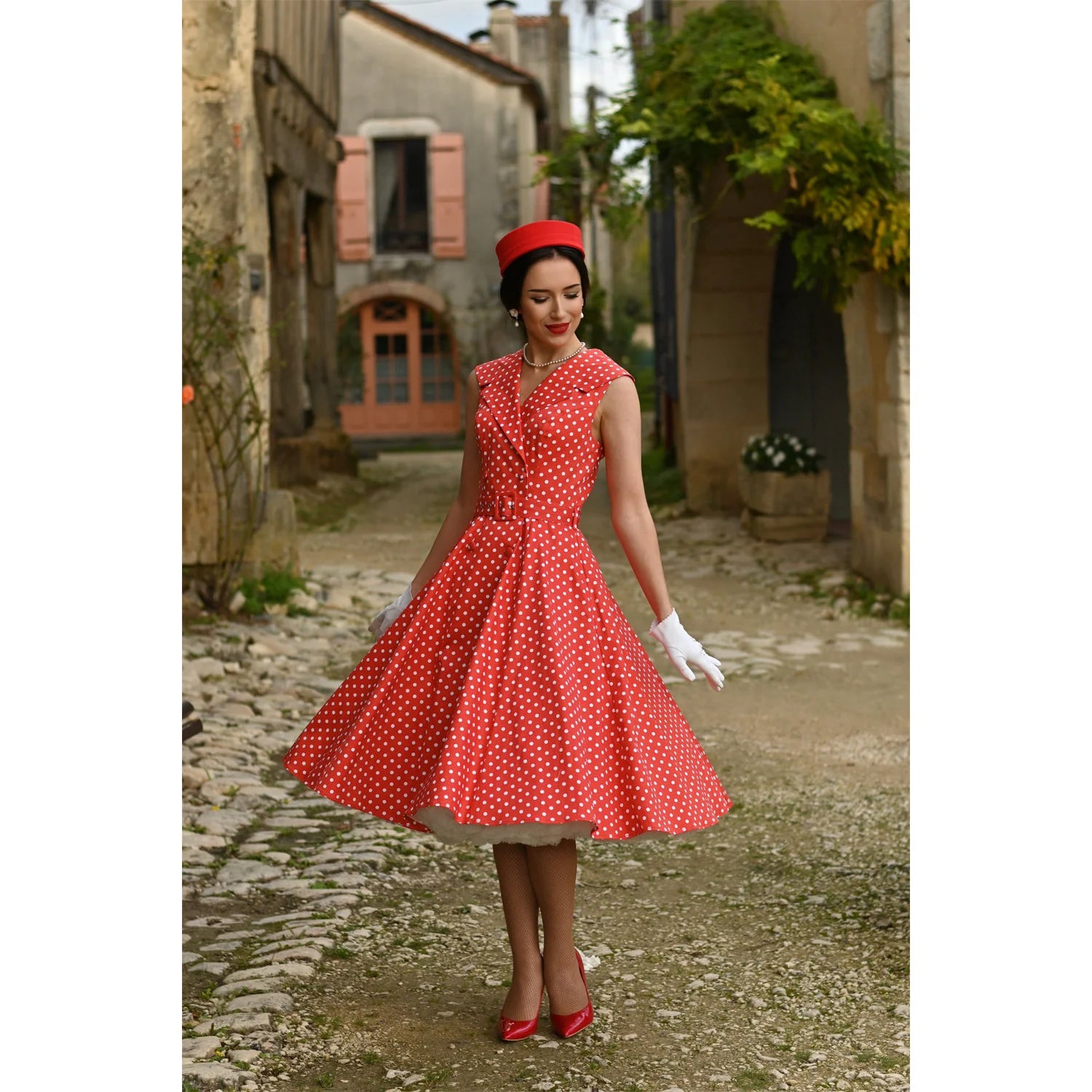 Red Polka Dot Print Sleeveless Collared 50s Swing Tea Dress