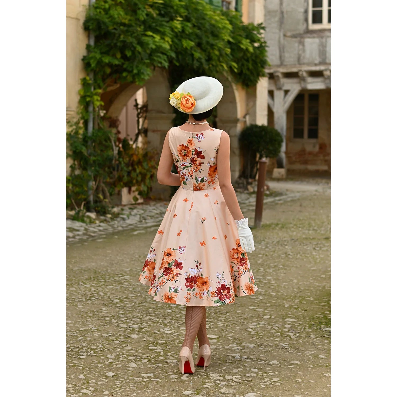 Soft Coral Pink With Orange Floral Rockabilly Sleeveless 50s V Neck Swing Dress