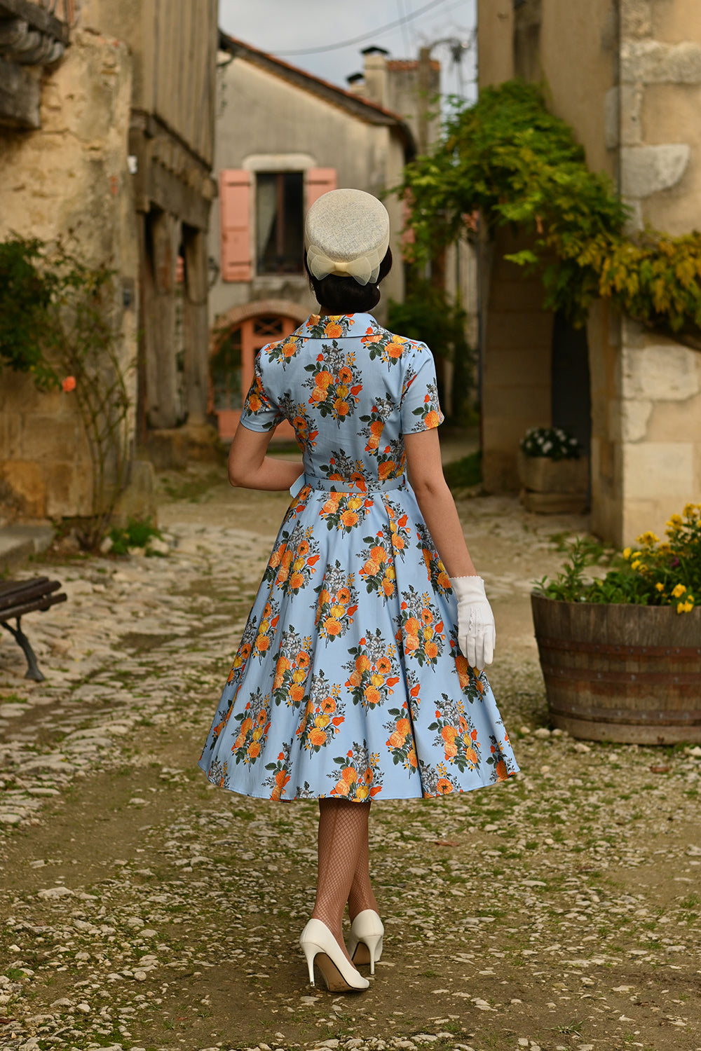 Sky Blue And Yellow Floral Print 50s Swing Tea Dress