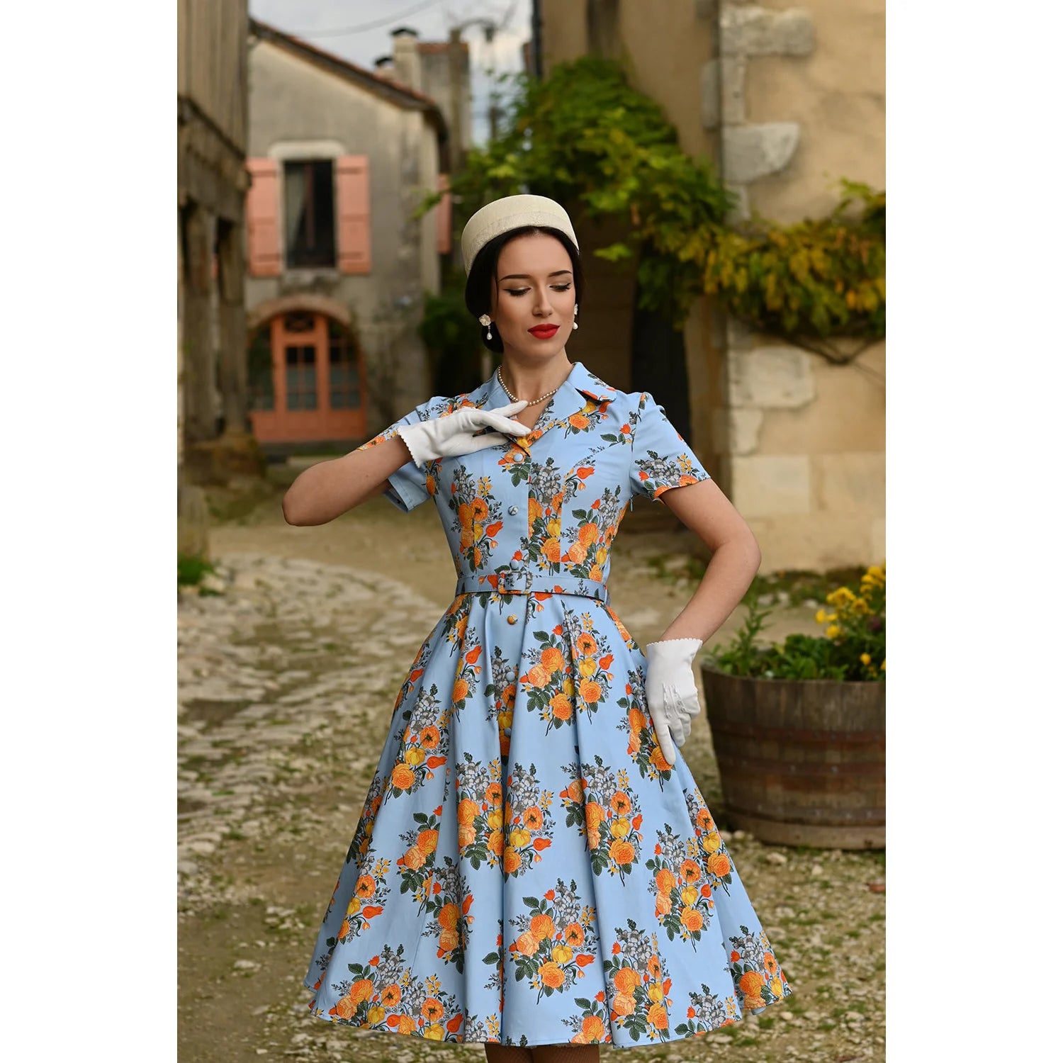 Sky Blue And Yellow Floral Print 50s Swing Tea Dress