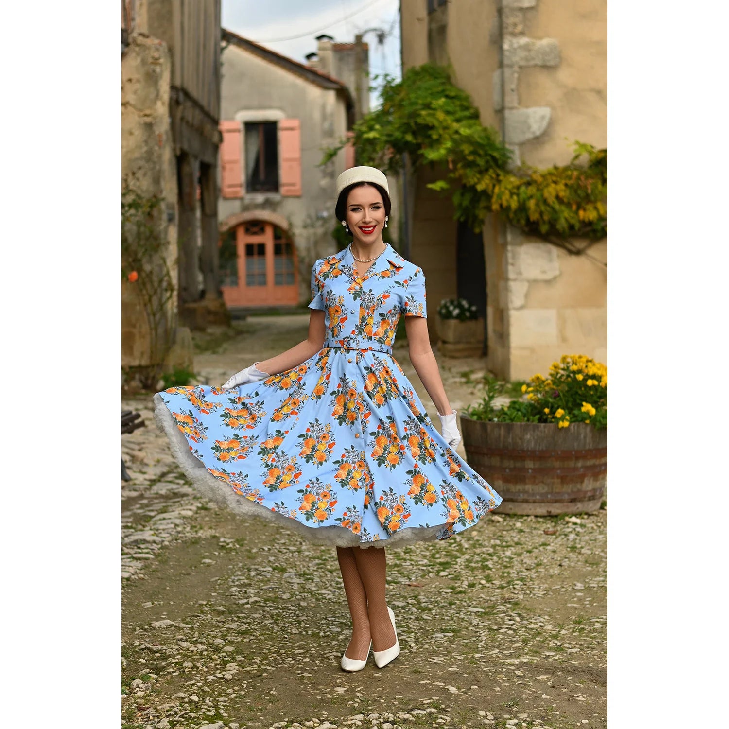 Sky Blue And Yellow Floral Print 50s Swing Tea Dress