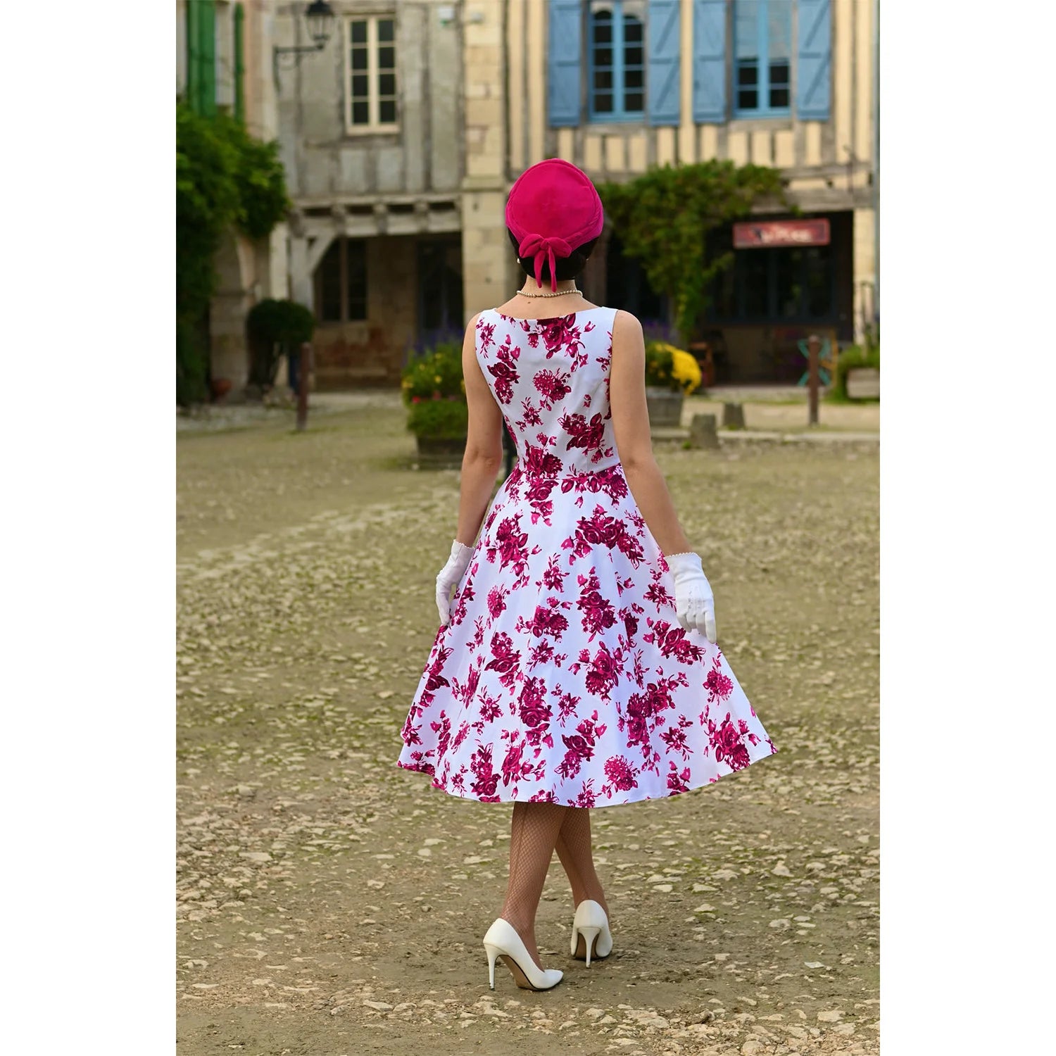 White And Summer Blossom Pink Floral Rockabilly Sleeveless 50s Swing Dress