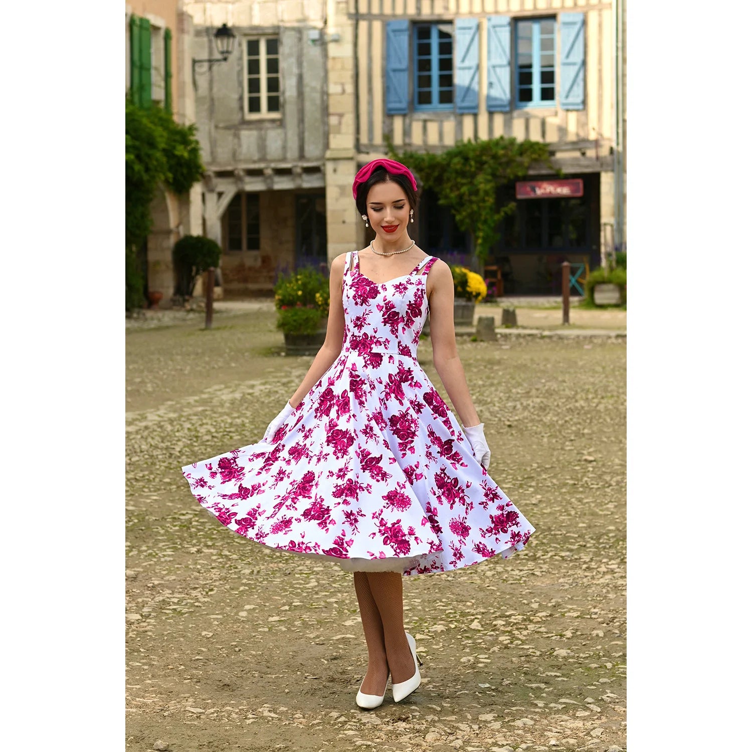 White And Summer Blossom Pink Floral Rockabilly Sleeveless 50s Swing Dress