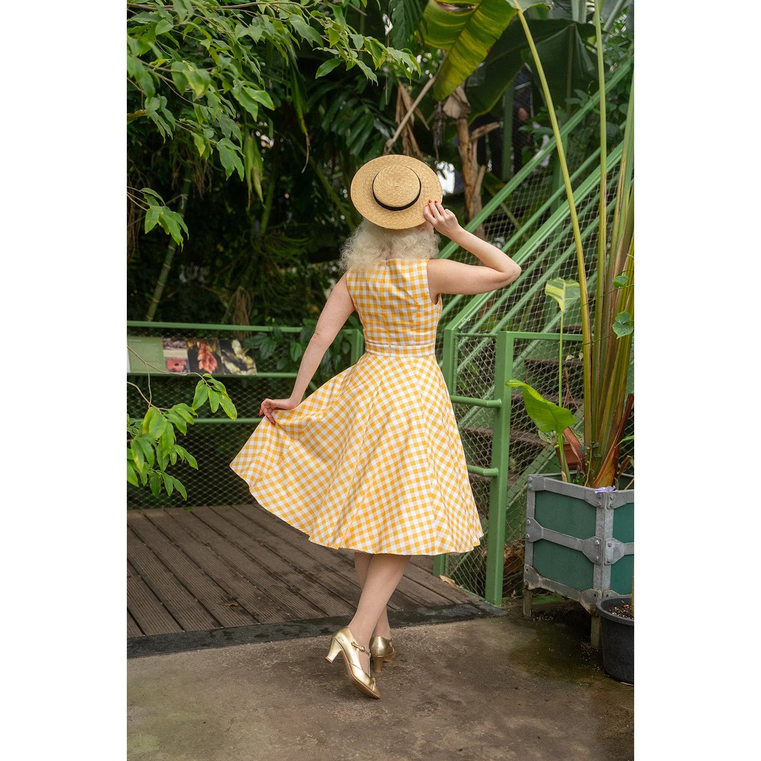 Yellow and White Check Audrey Style Rockabilly 50s Swing Dress