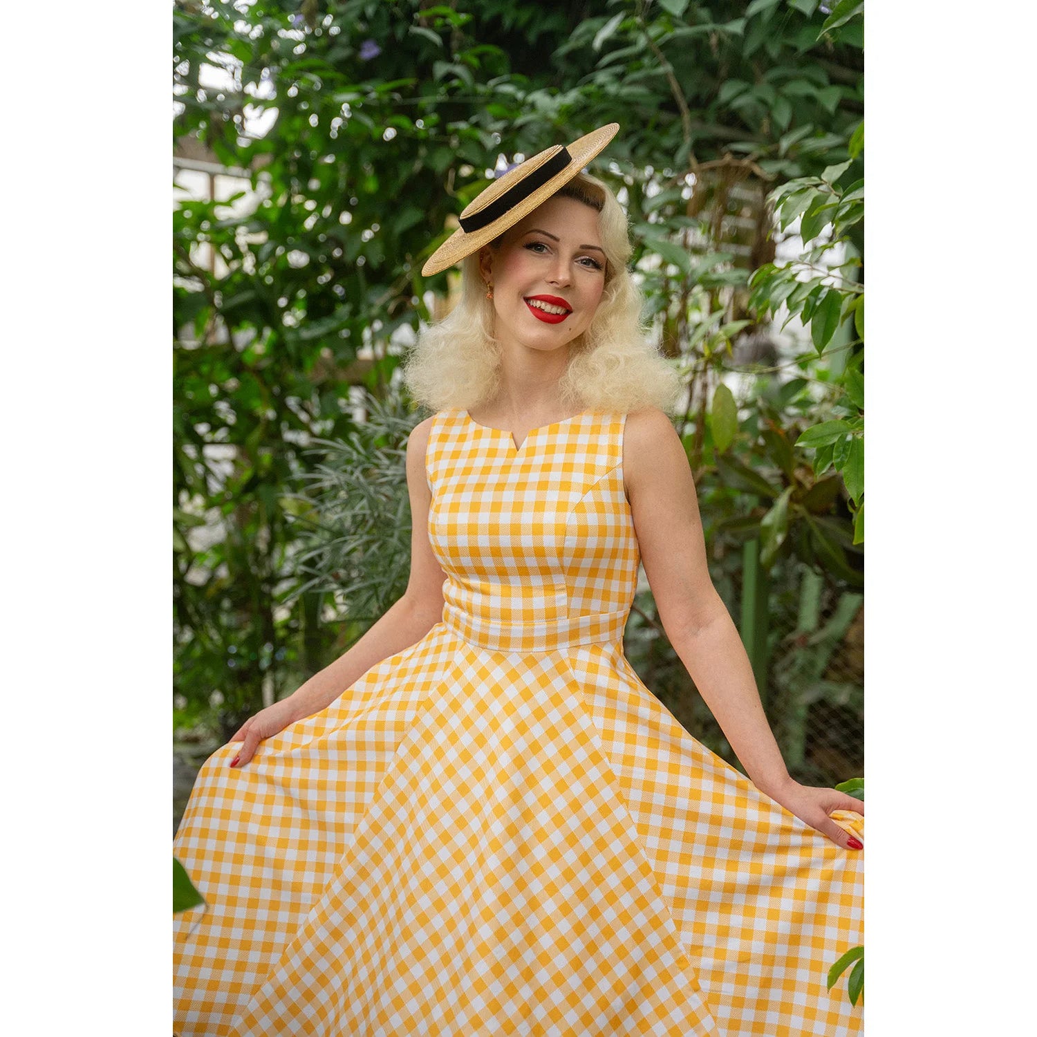 Yellow and White Check Audrey Style Rockabilly 50s Swing Dress