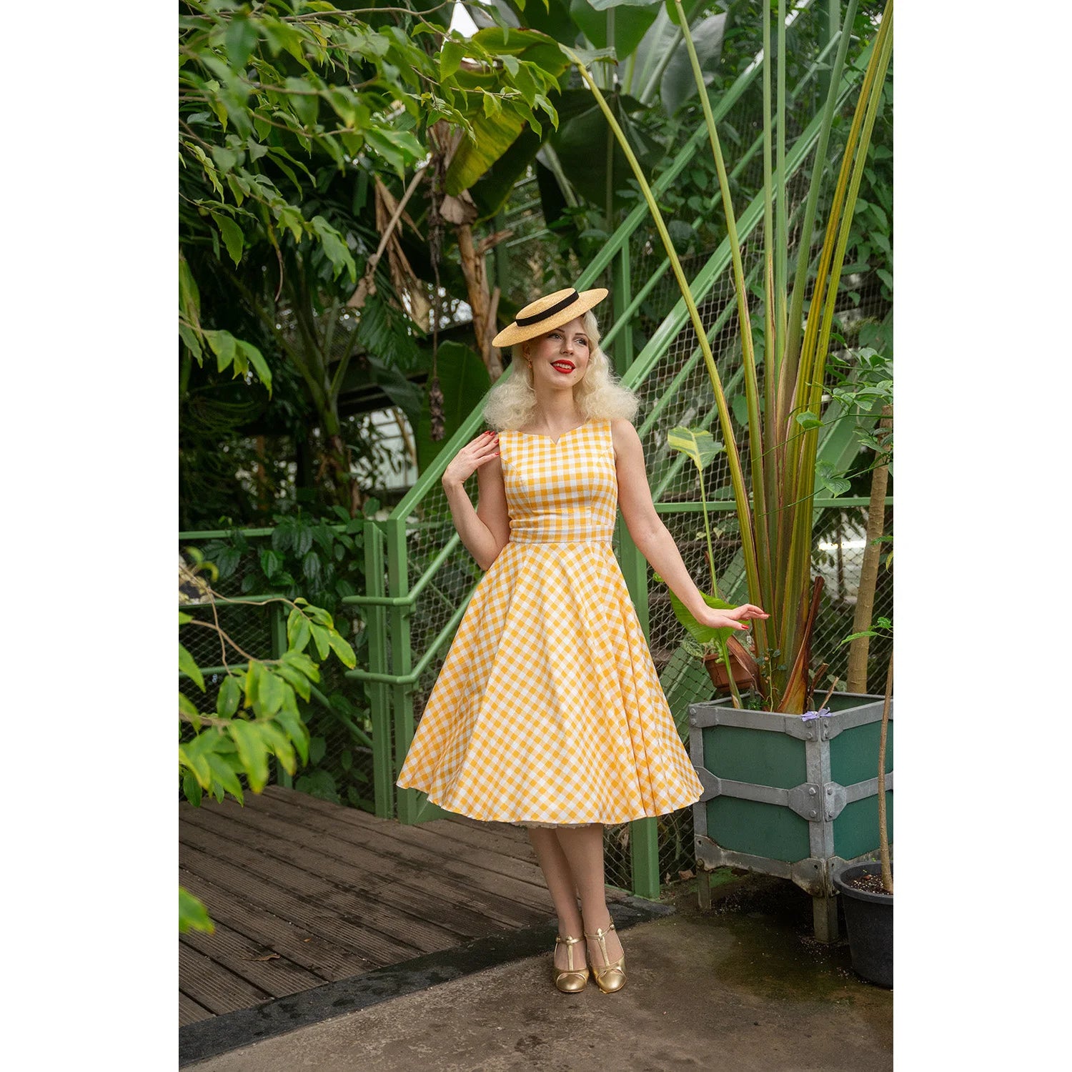 Yellow and White Check Audrey Style Rockabilly 50s Swing Dress