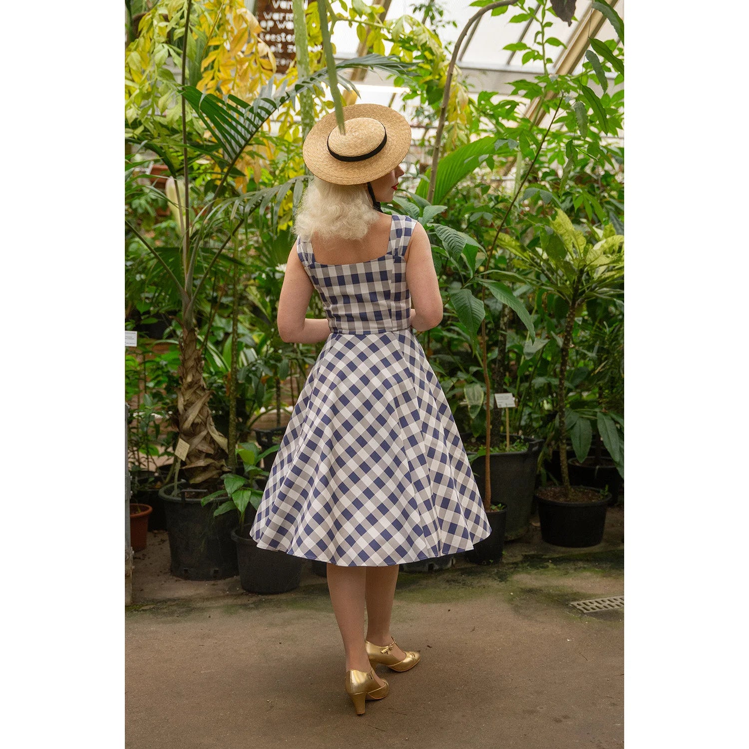 Blue And Grey Check Strappy Rockabilly 50s Swing Dress