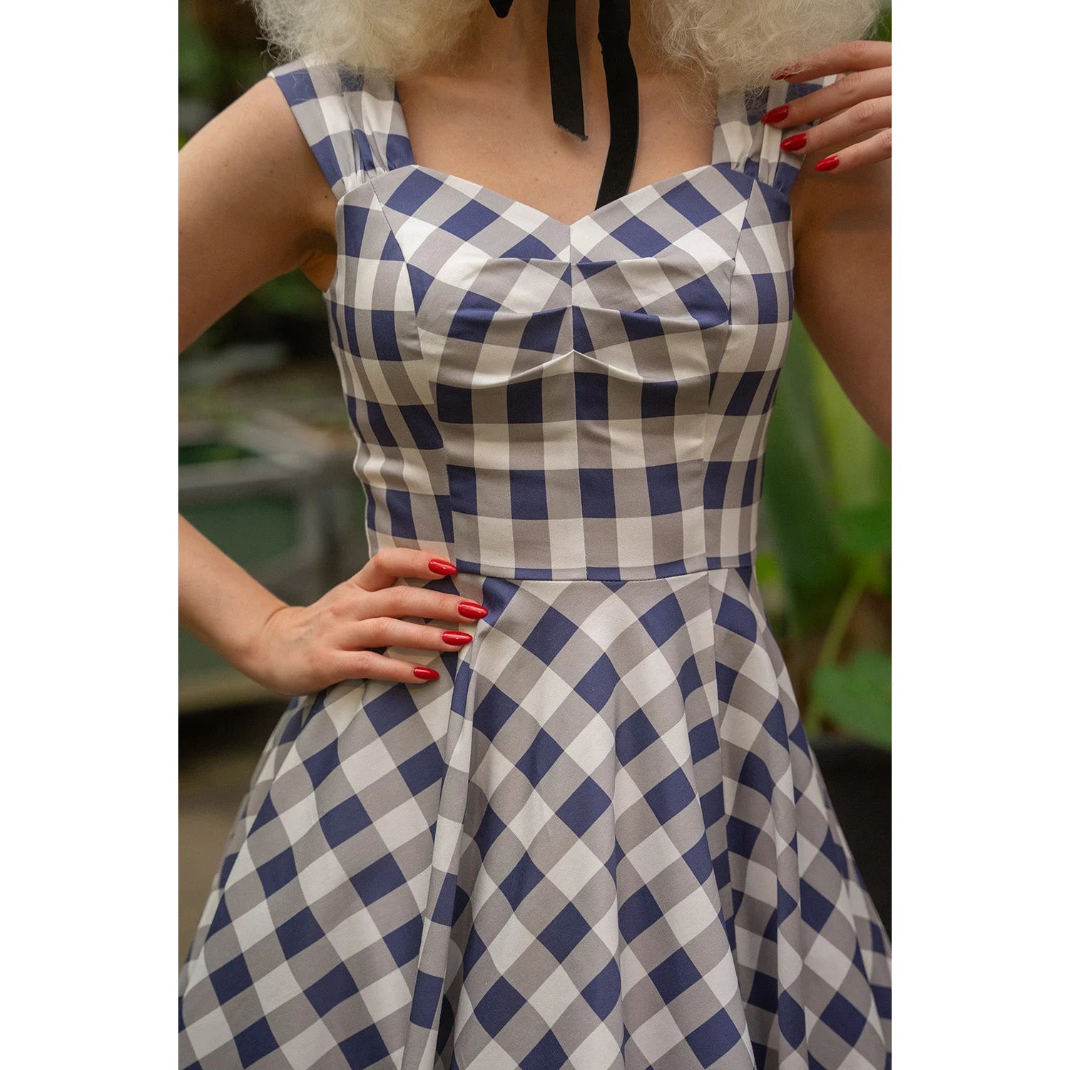 Blue And Grey Check Strappy Rockabilly 50s Swing Dress