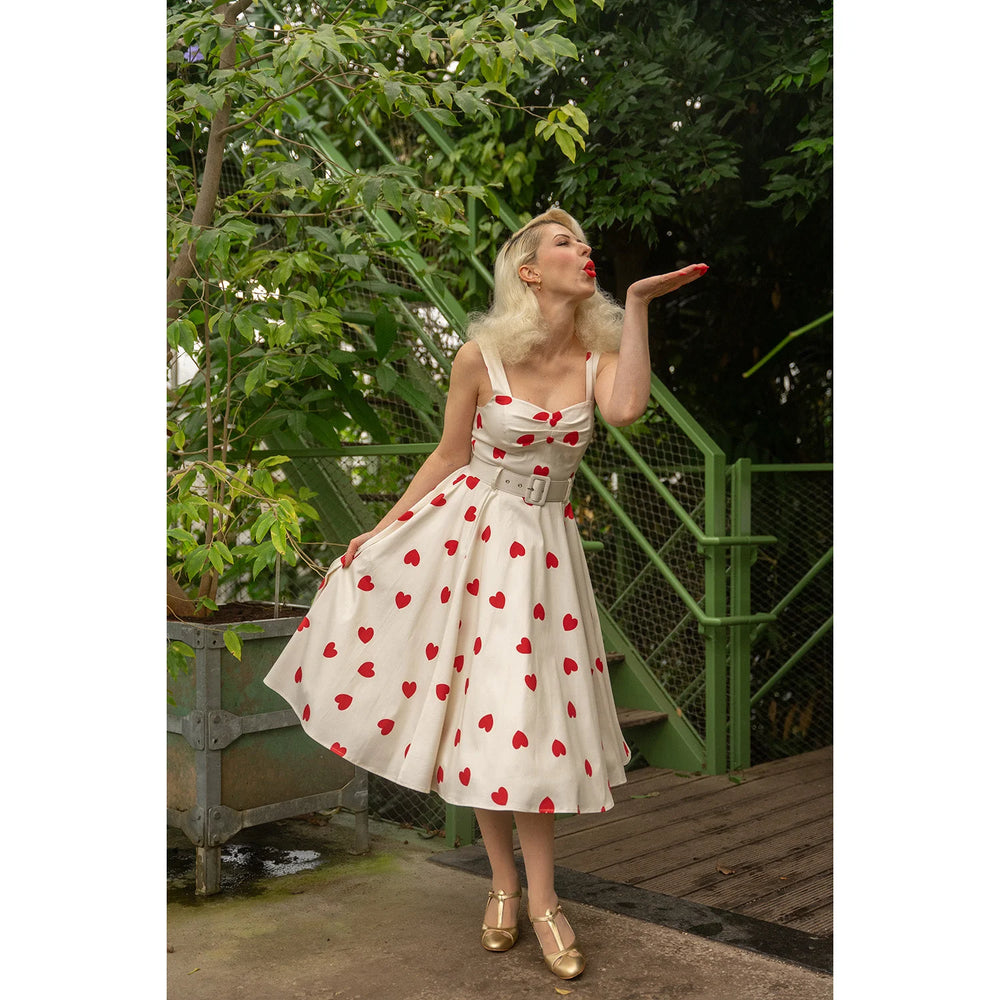 White With Red Heart Rockabilly Shoulder Strap 50s Swing Dress