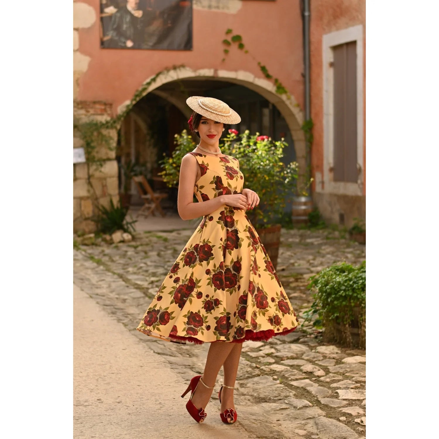 Yellow And Red Rose Floral Print Sleeveless Rockabilly 50s Swing Dress