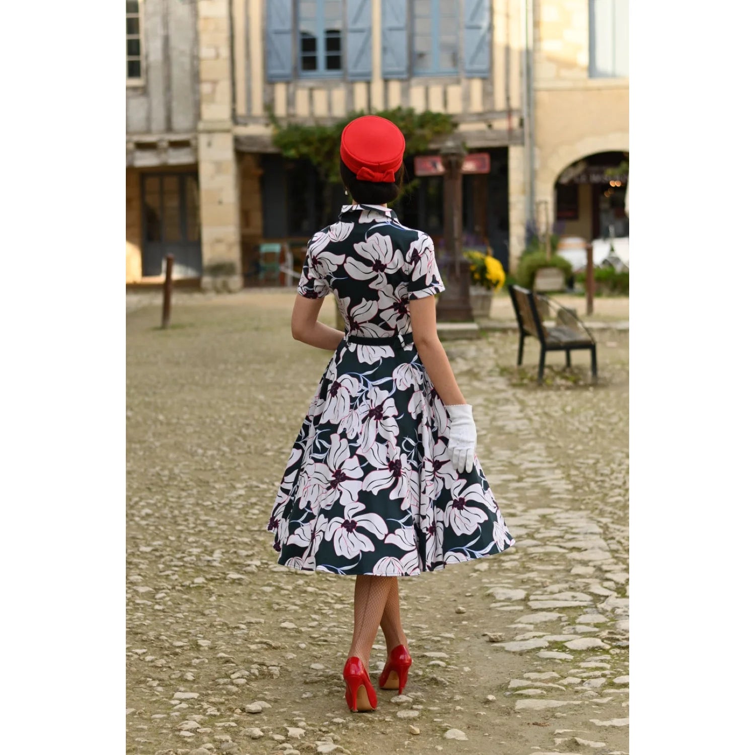 Deep Green And White Floral Print 50s Swing Tea Dress