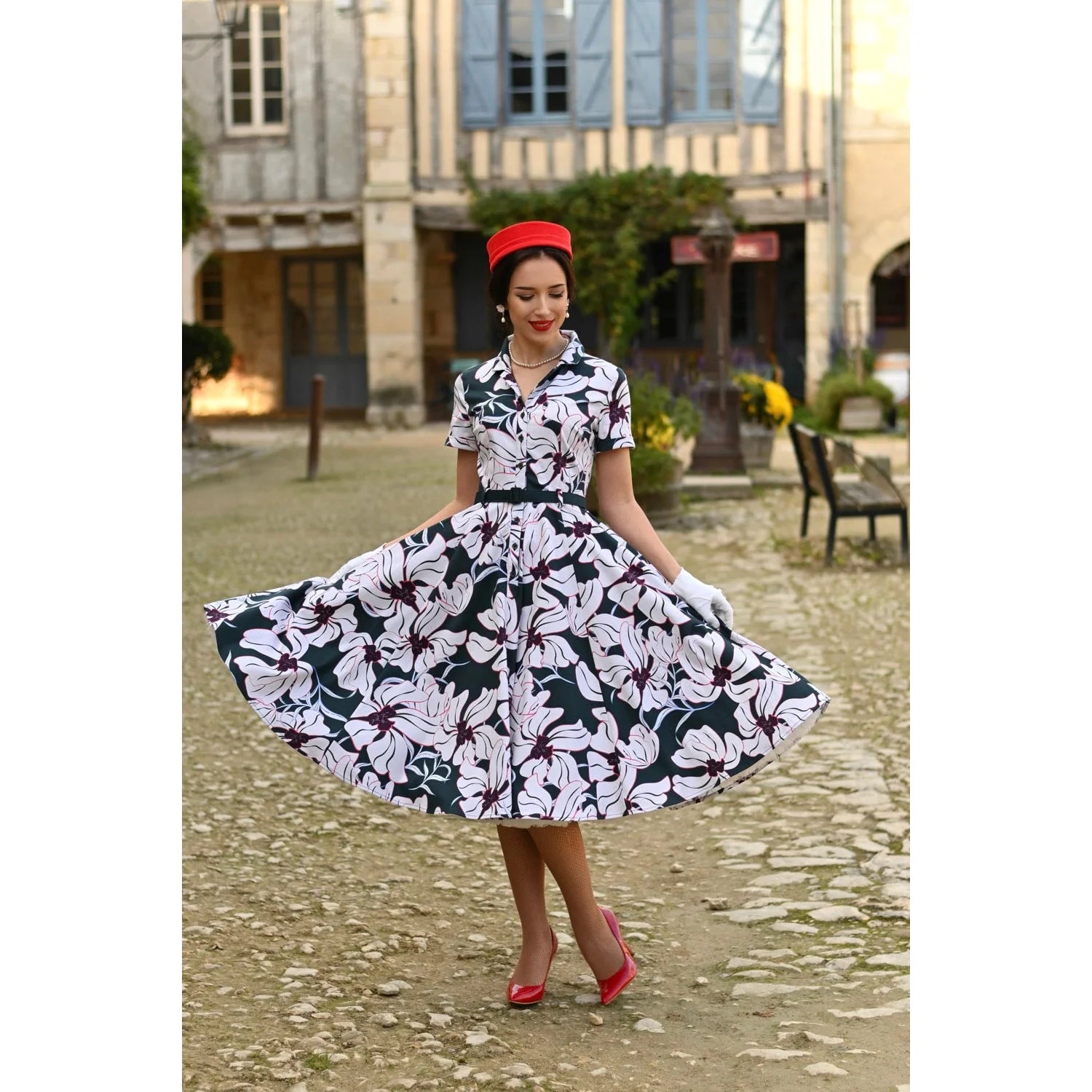 Deep Green And White Floral Print 50s Swing Tea Dress