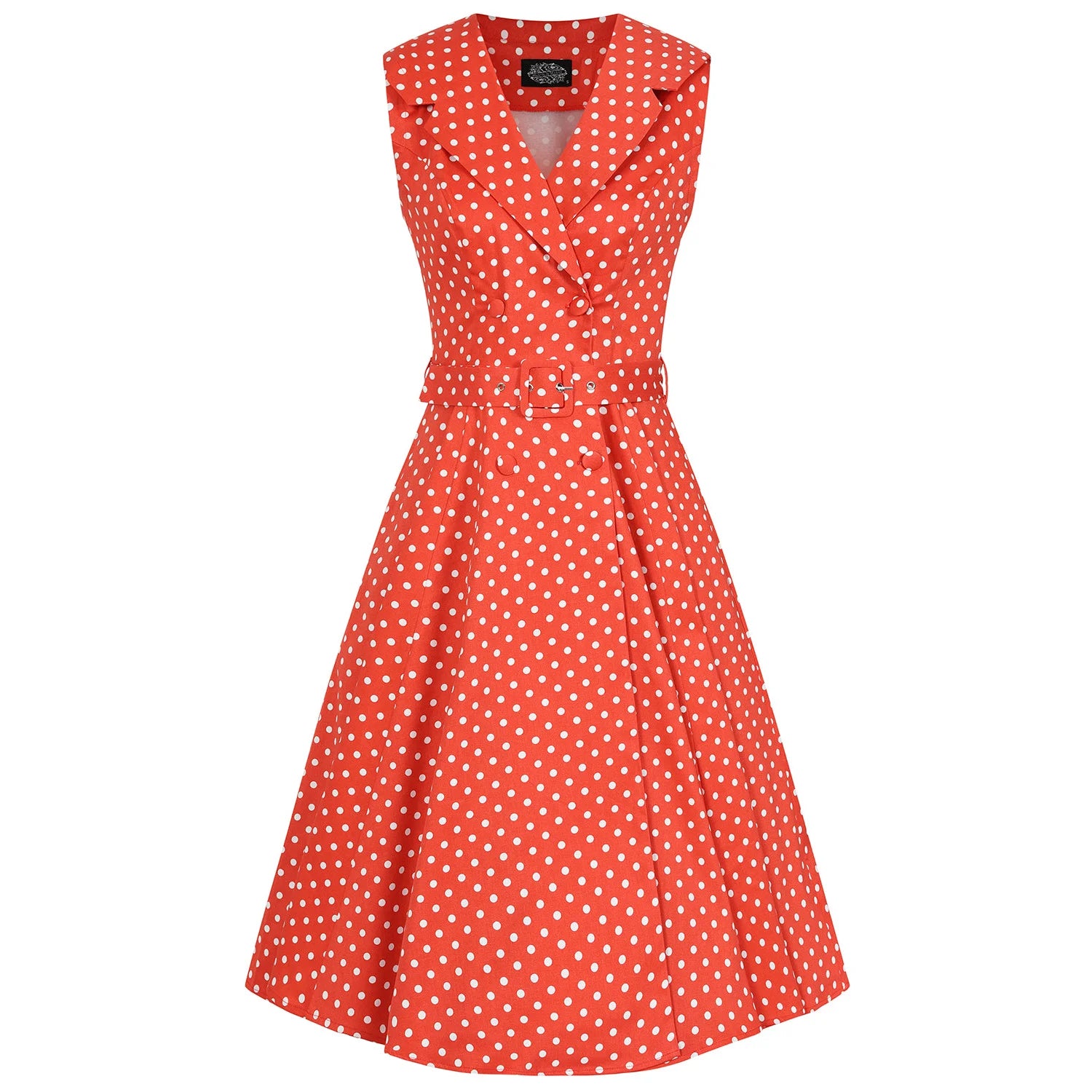 Red Polka Dot Print Sleeveless Collared 50s Swing Tea Dress