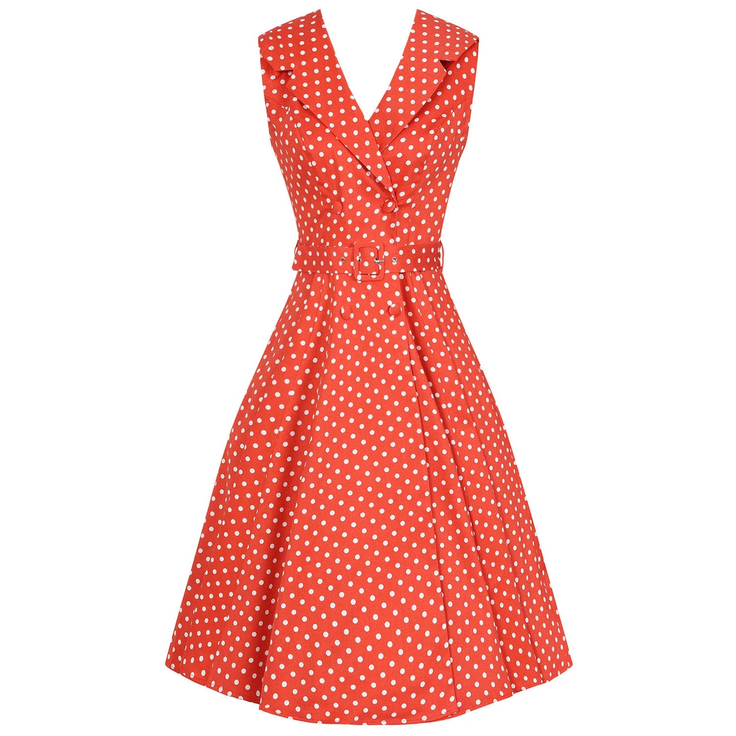 Red Polka Dot Print Sleeveless Collared 50s Swing Tea Dress