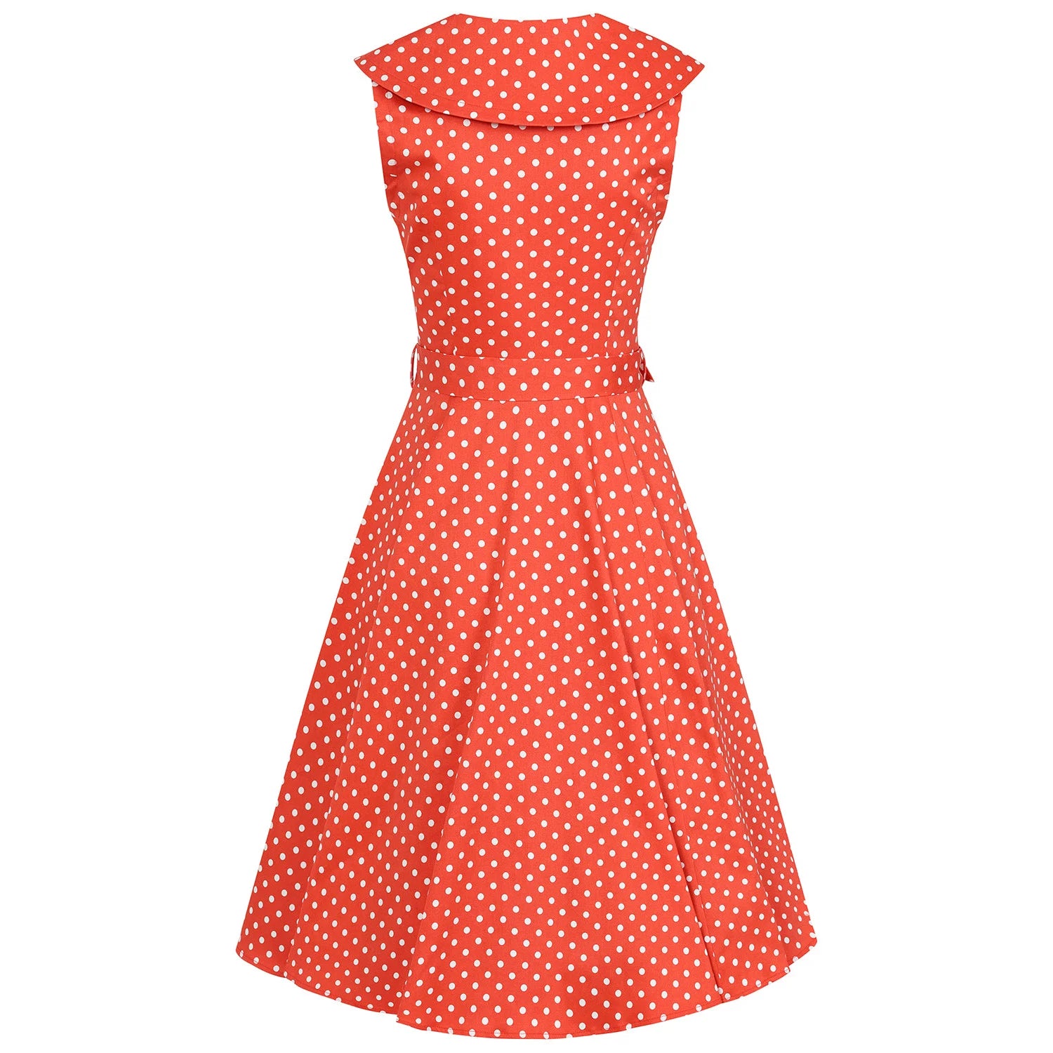 Red Polka Dot Print Sleeveless Collared 50s Swing Tea Dress