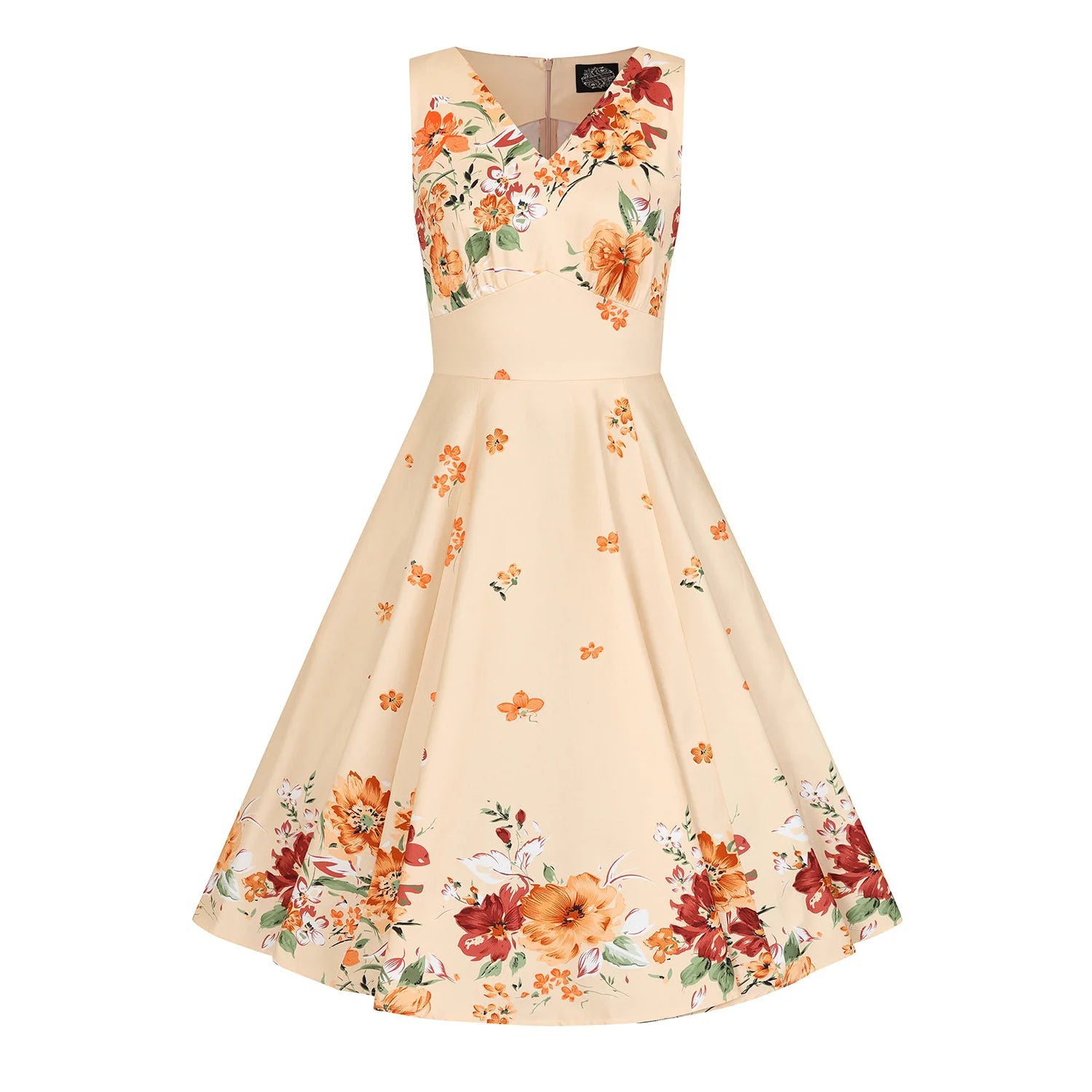 Soft Coral Pink With Orange Floral Rockabilly Sleeveless 50s V Neck Swing Dress