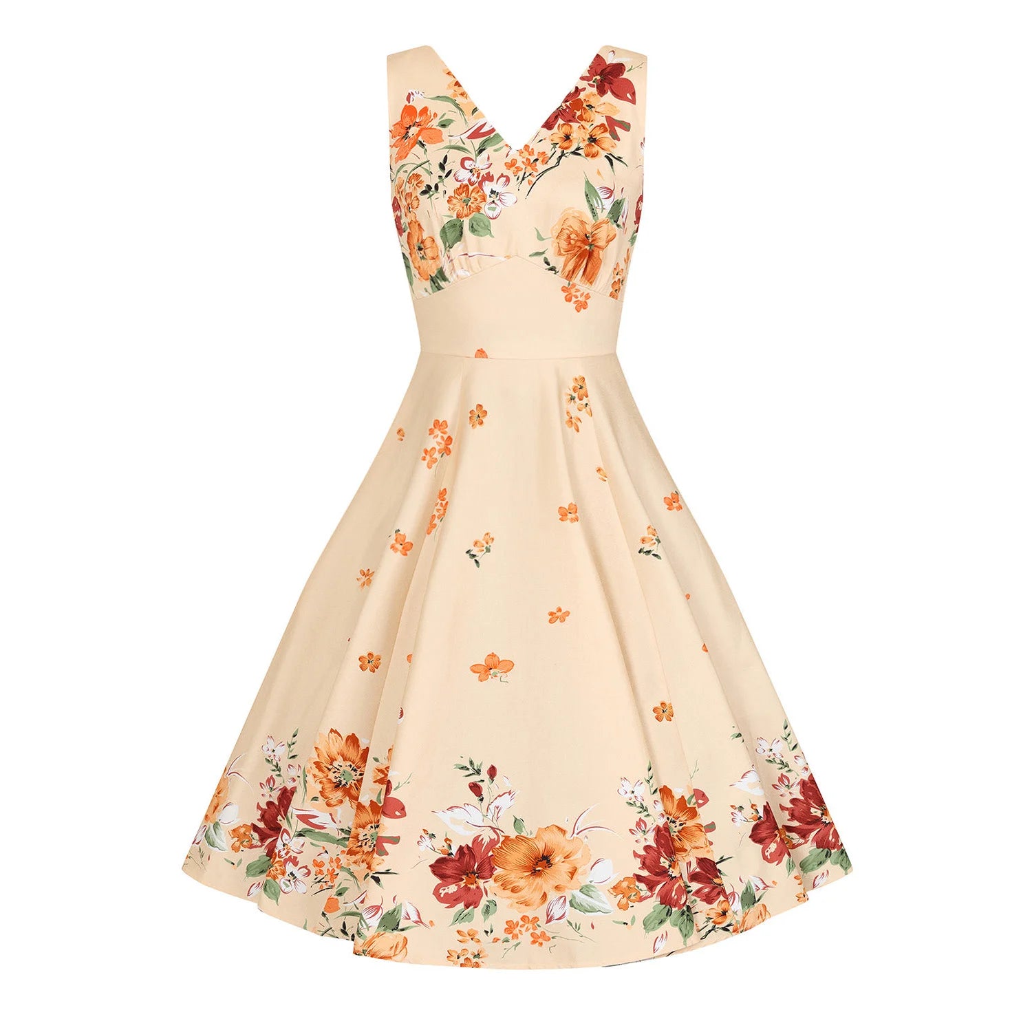 Soft Coral Pink With Orange Floral Rockabilly Sleeveless 50s V Neck Swing Dress