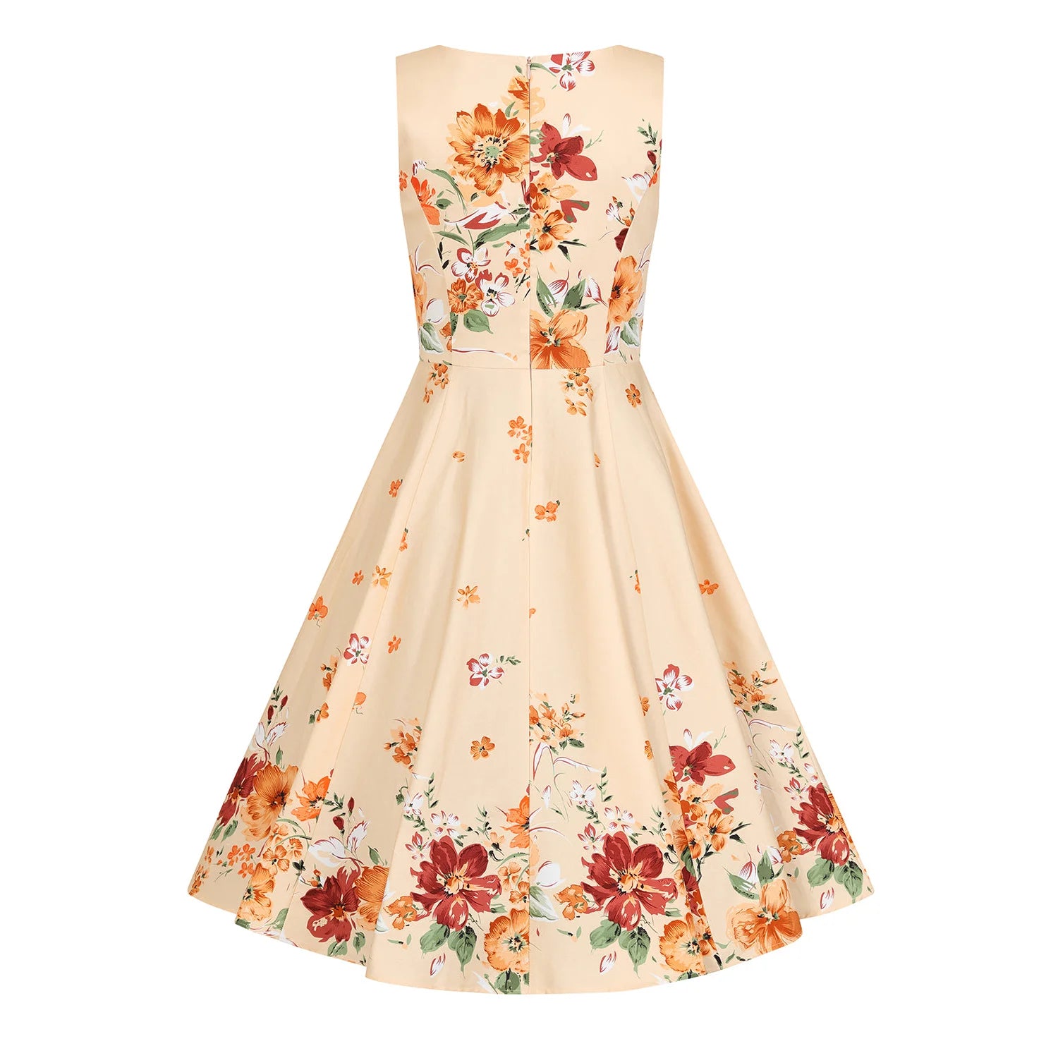 Soft Coral Pink With Orange Floral Rockabilly Sleeveless 50s V Neck Swing Dress