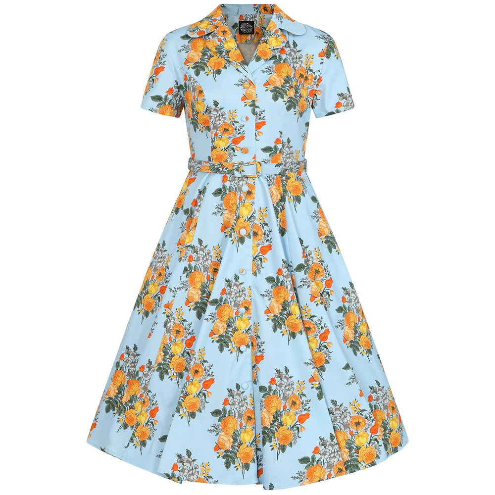 Sky Blue And Yellow Floral Print 50s Swing Tea Dress