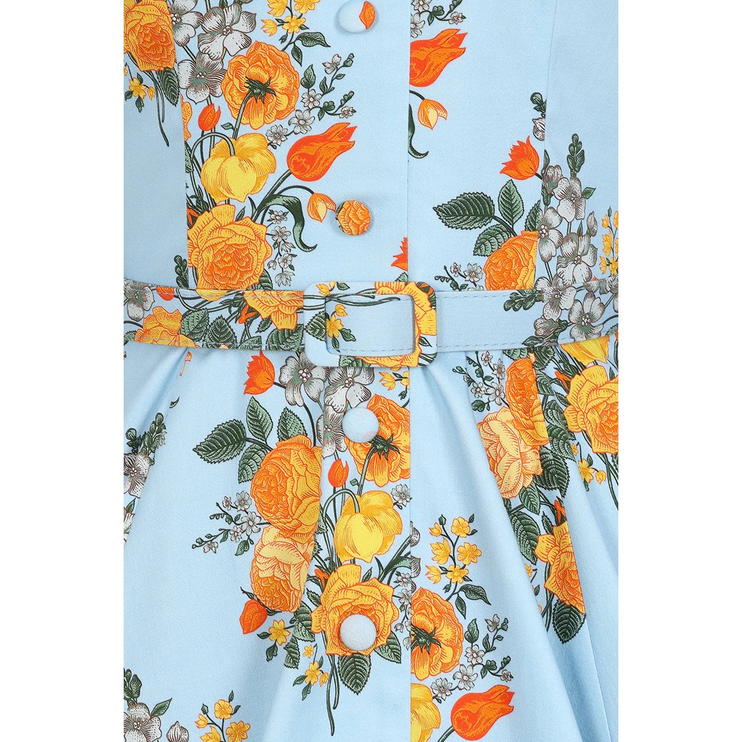 Sky Blue And Yellow Floral Print 50s Swing Tea Dress