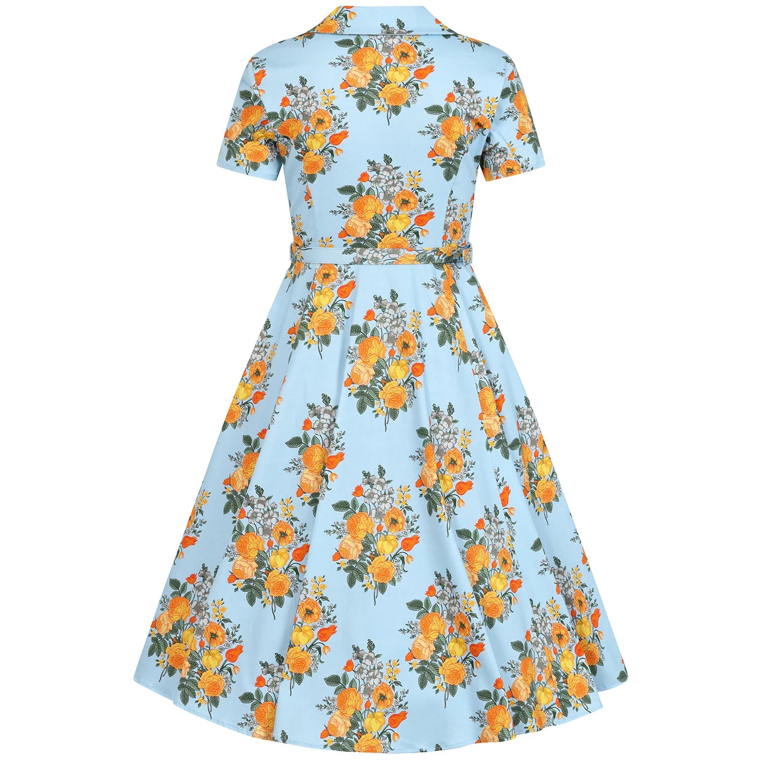 Sky Blue And Yellow Floral Print 50s Swing Tea Dress