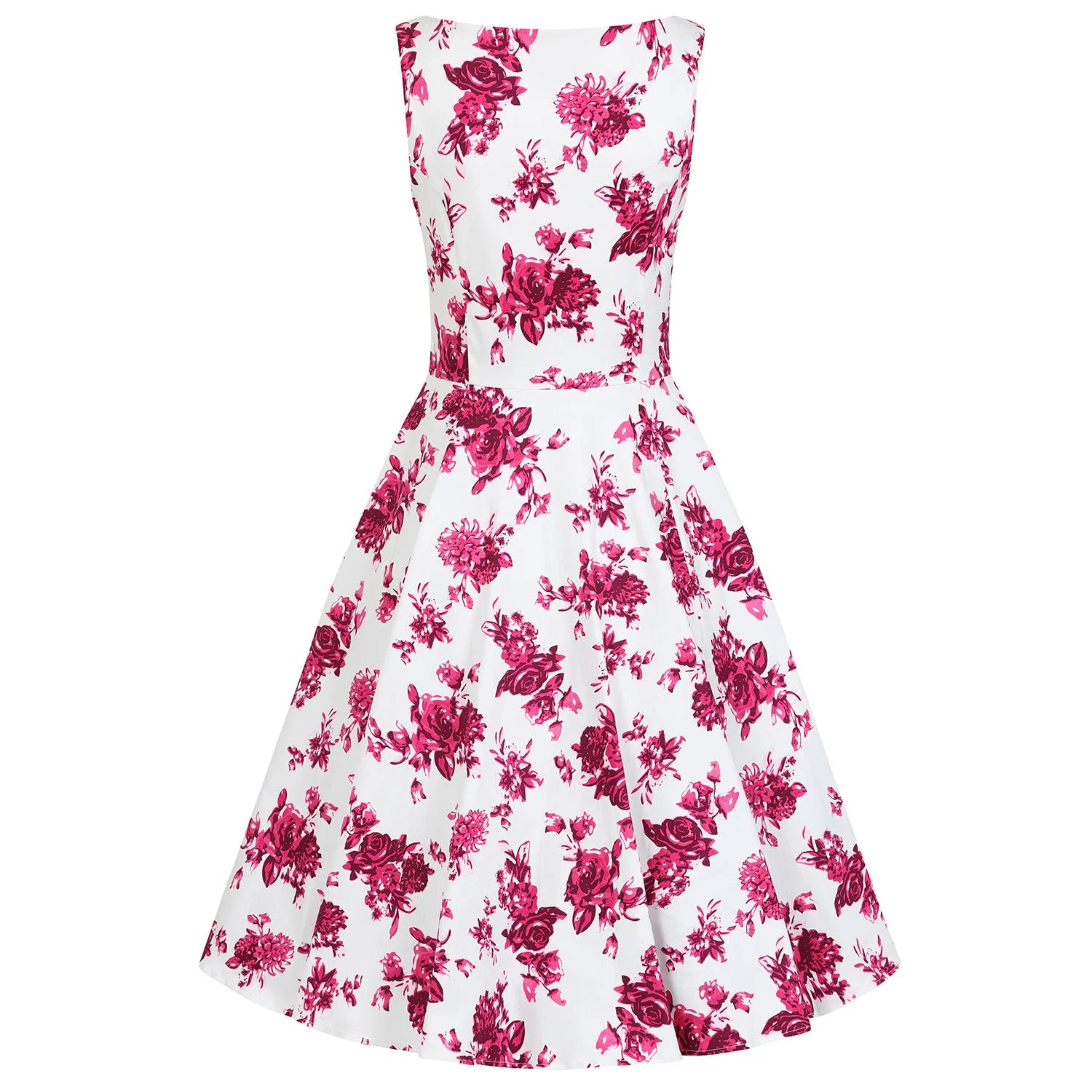 White And Summer Blossom Pink Floral Rockabilly Sleeveless 50s Swing Dress