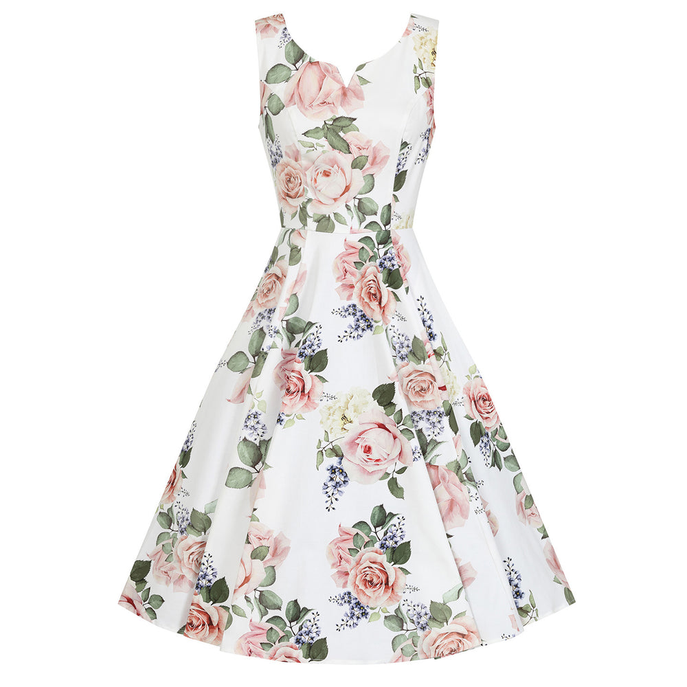 White And Pink Floral V Neck Sleeveless Rockabilly 50s Swing Dress