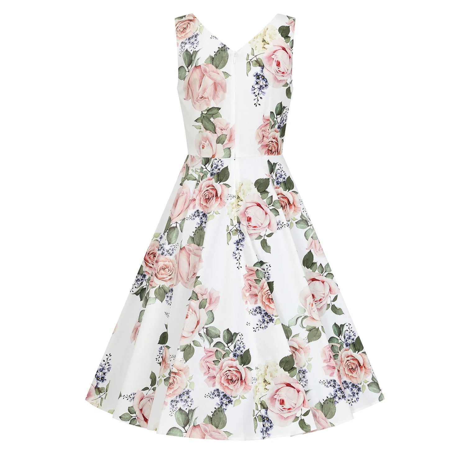 White And Pink Floral V Neck Sleeveless Rockabilly 50s Swing Dress