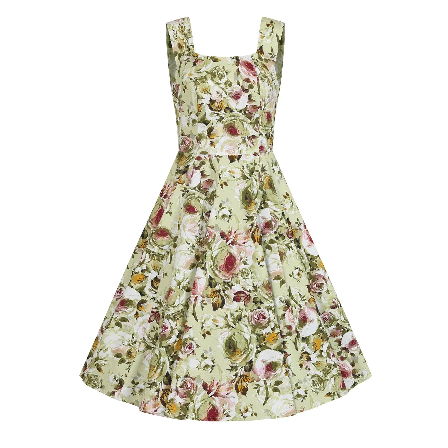 Green Multi Coloured Rose Floral Rockabilly 50s Swing Dress