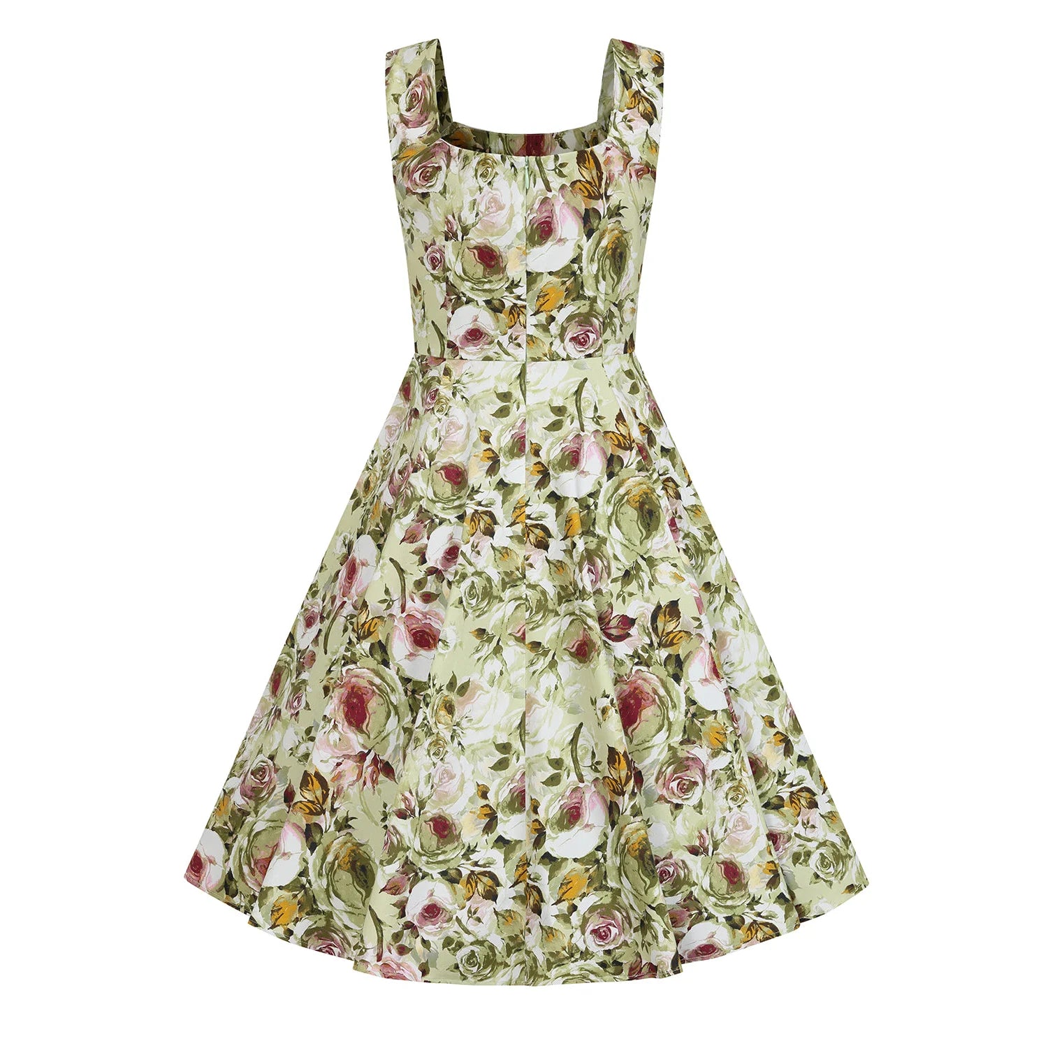 Green Multi Coloured Rose Floral Rockabilly 50s Swing Dress