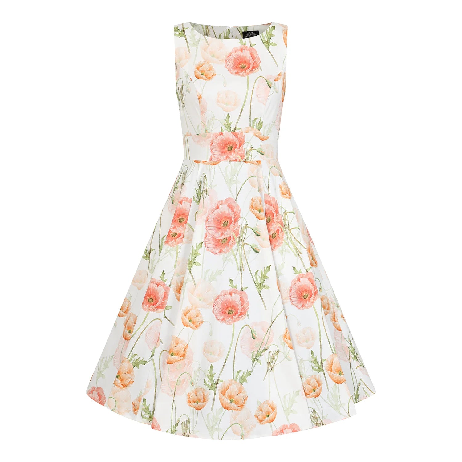 White And Peach Floral Rockabilly Sleeveless 50s Audrey Swing Dress