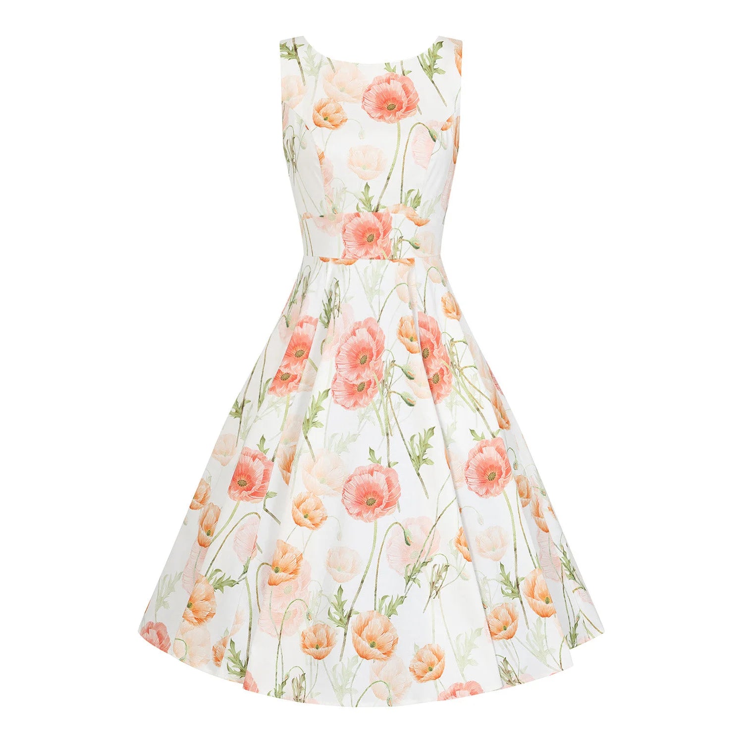 White And Peach Floral Rockabilly Sleeveless 50s Audrey Swing Dress