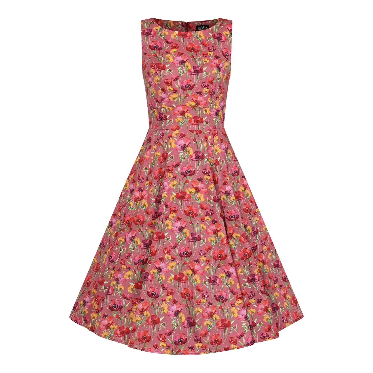 Maroon Pink With Multi Floral Rockabilly Sleeveless 50s Round Neck Swing Dress