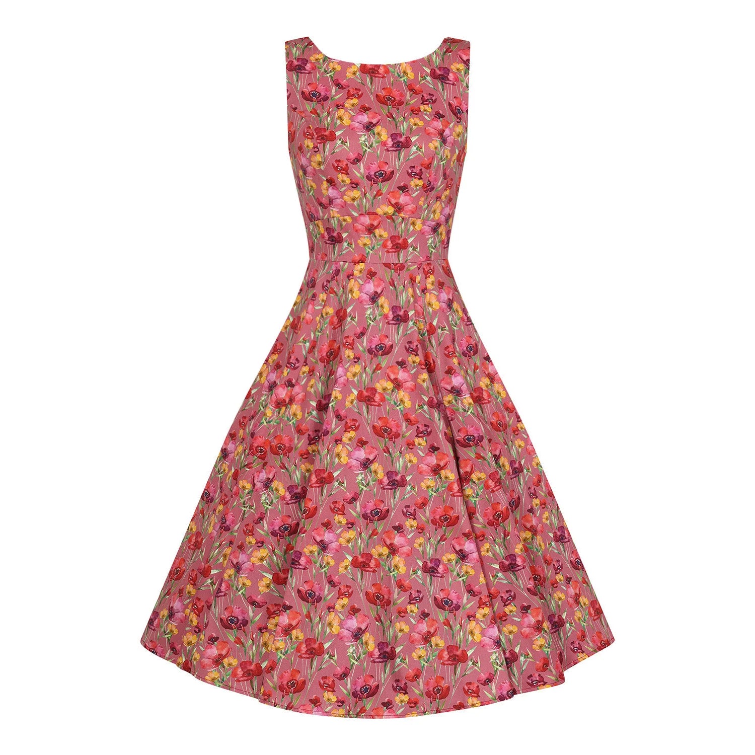 Maroon Pink With Multi Floral Rockabilly Sleeveless 50s Round Neck Swing Dress