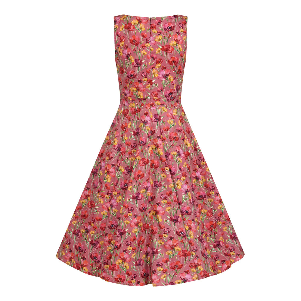 Maroon Pink With Multi Floral Rockabilly Sleeveless 50s Round Neck Swing Dress