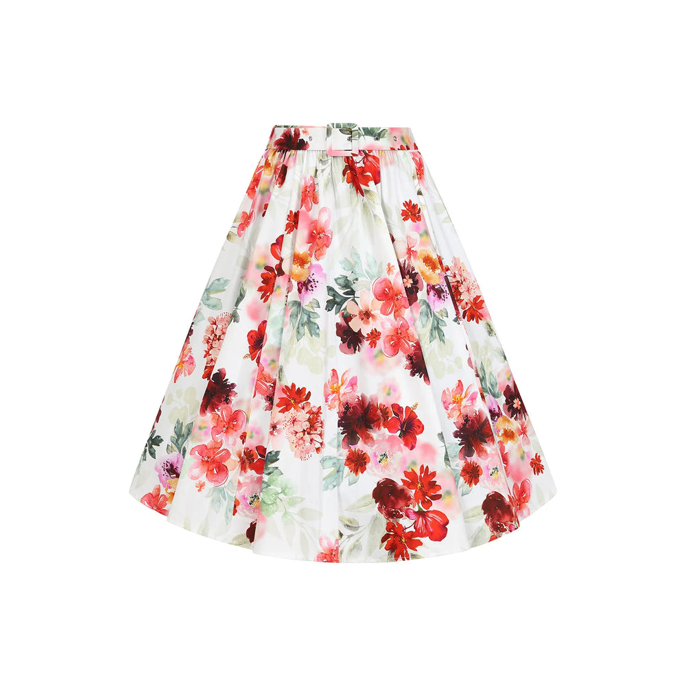 White And Red Summer Floral Print Rockabilly Swing Skirt