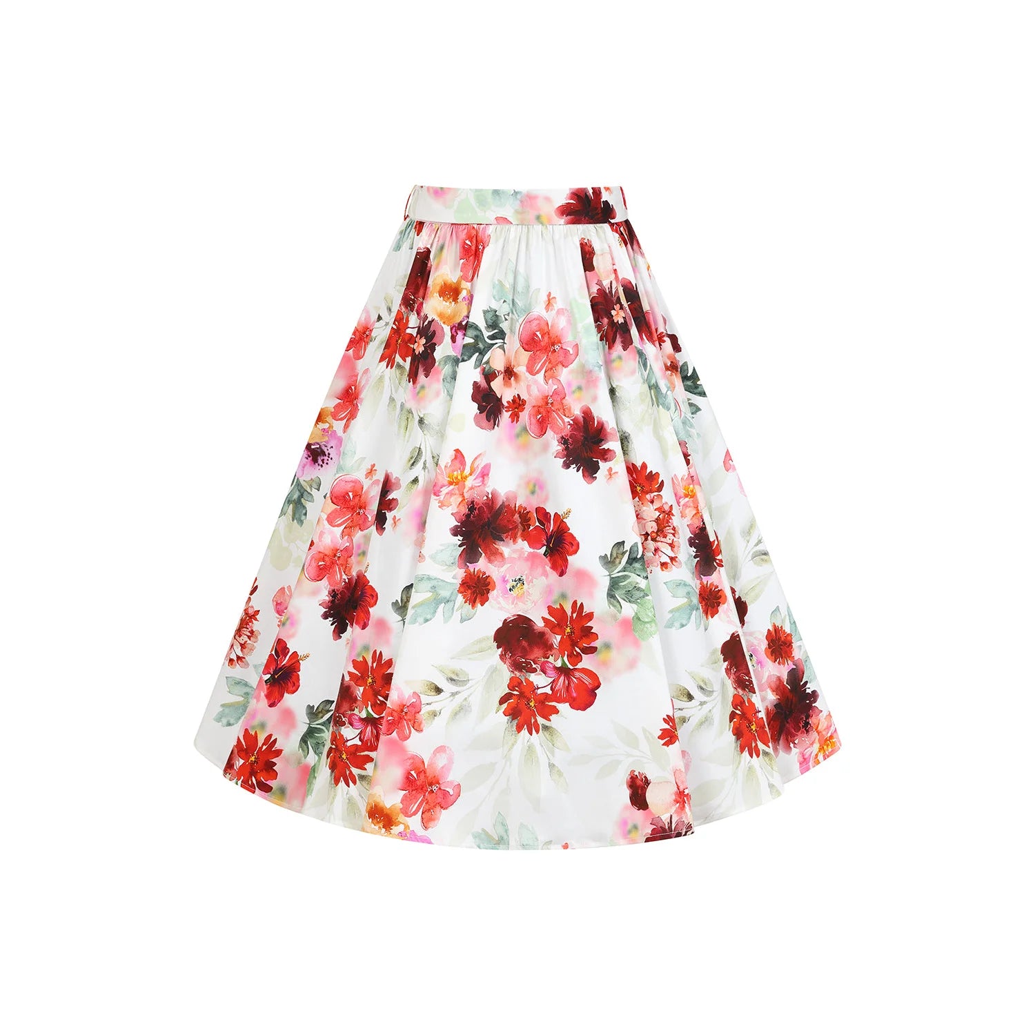 White And Red Summer Floral Print Rockabilly Swing Skirt